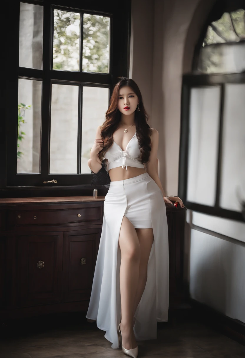 beautiful Korean women,(Extremely beautiful face, Beautiful lips, Beautiful eyes),long whitr hair,high-heels,27yo,whip, whip,Perspective black，Gilet blanc,white skinned,black garter stockings,Sheer maroon maxi skirt,Overweight,thighs thighs thighs thighs,White pedicure