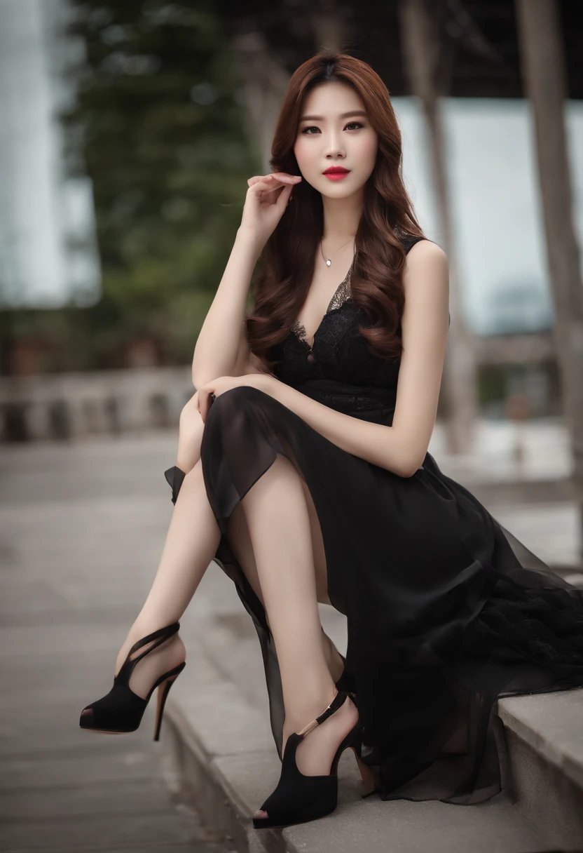 beautiful Korean women,(Extremely beautiful face, Beautiful lips, Beautiful eyes),long whitr hair,high-heels,27yo,whip, whip,Perspective black,Gilet blanc,white skinned,black garter stockings,Sheer maroon maxi skirt,Overweight,thighs thighs thighs thighs,White pedicure