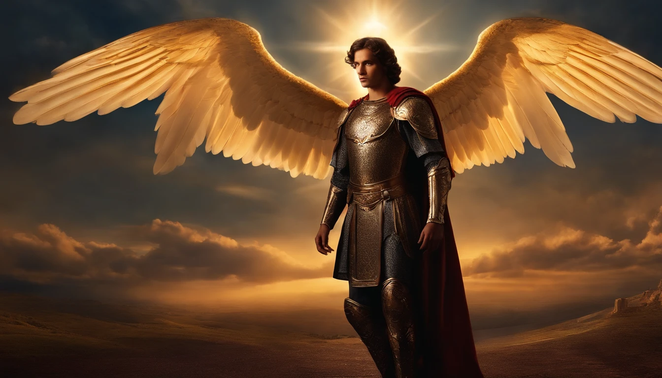 personagem masculino, Arcanjo Miguel, Imagem celeste, detalhistas intrincados, Realista, ROSAS e asas grandes, Angelic background, Catholic illustrative depiction of the Archangel Michael, Male character of the Bible, Michael is dressed in angelic armor, space background, Lighting in Arkhangelsk and in the background, Imagem de todo o corpo de um anjo, Maximum detail and his angelic face and wings, Pele perfeita realista, Maximum image quality, Miguel he is highlighted in the image with vivid and vibrant colors.