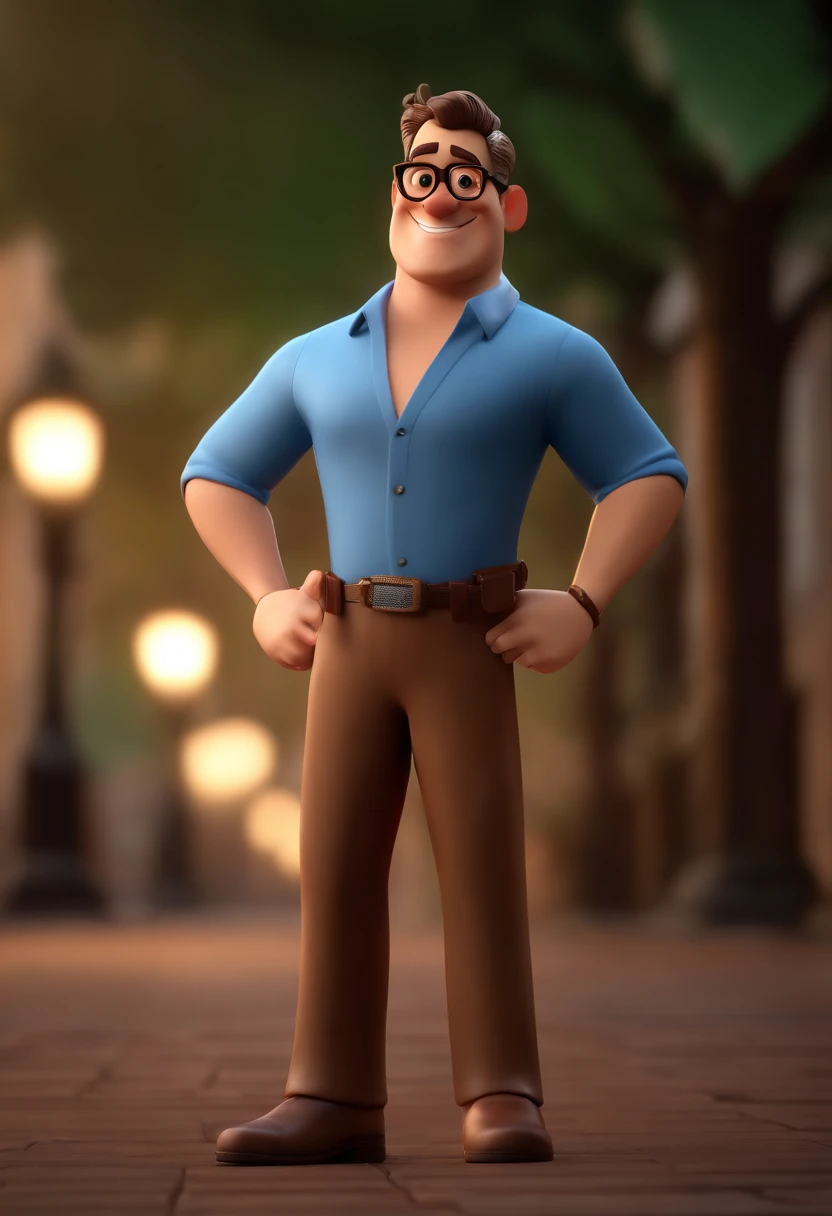 Cartoon character of a man with black glasses, cabelo cacheado marrom escuro e uma camisa azul, animation character, Caractere estilizado, animation style rendering, 3D estilizado, Arnold Maya render, 3 d render stylized, toon render keyshot, Personagem 3D, Personagem 3D, 3d rendering stylized, 3 d character render, personagem de desenho animado, Personagem de close up, Pose de personagem, (Estilo Pixar) (master part:1.2) (Bokeh) (best quality) (pele detalhada) (textura detalhada) (8k) (argila) (Cinematic lighting) (foco nítido