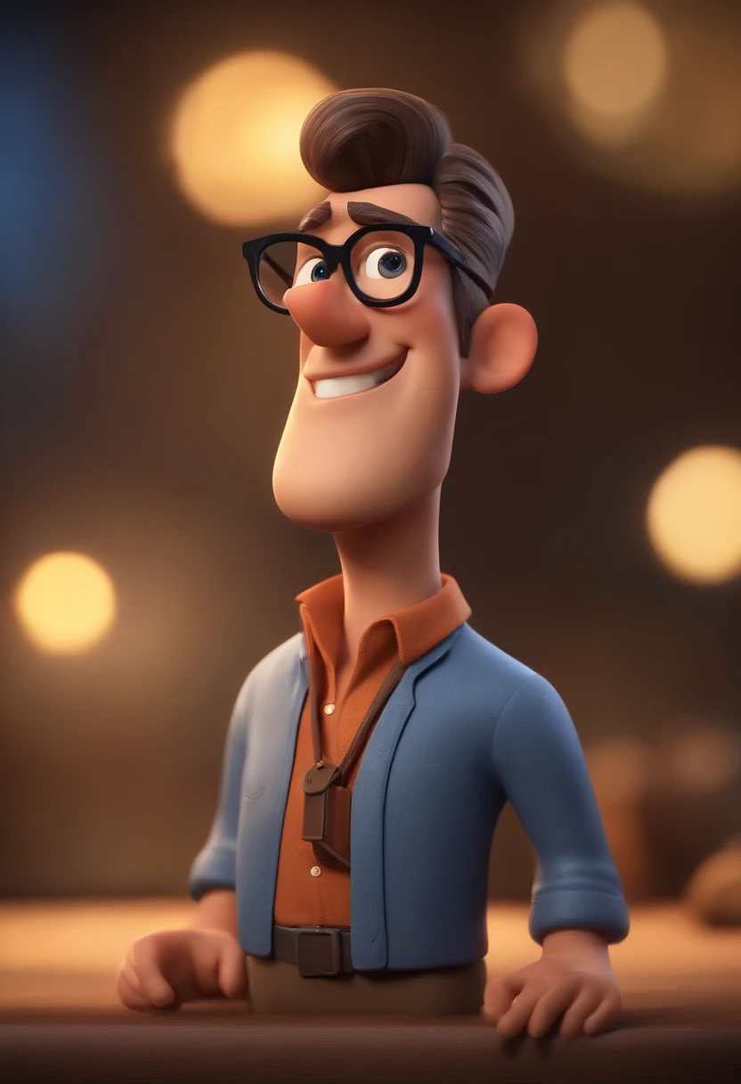 Cartoon character of a man with black glasses, cabelo cacheado marrom escuro e uma camisa azul, animation character, Caractere estilizado, animation style rendering, 3D estilizado, Arnold Maya render, 3 d render stylized, toon render keyshot, Personagem 3D, Personagem 3D, 3d rendering stylized, 3 d character render, personagem de desenho animado, Personagem de close up, Pose de personagem, (Estilo Pixar) (master part:1.2) (Bokeh) (best quality) (pele detalhada) (textura detalhada) (8k) (argila) (Cinematic lighting) (foco nítido