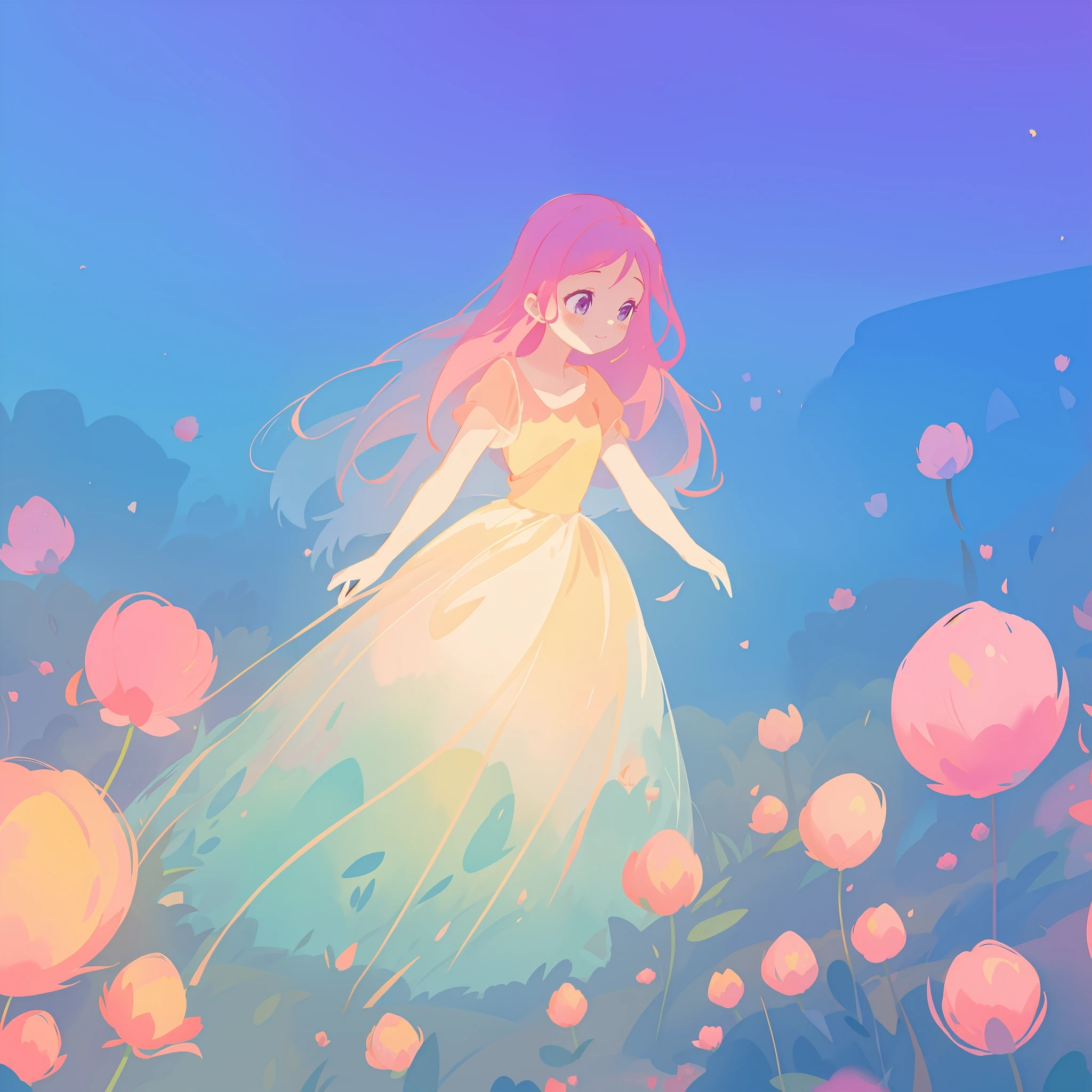 beautiful girl in puffy gradient ballgown, a field with round puffball pink flowers, otherworldly flowers, whimsical landscape, long pink flowing hair, watercolor illustration, inspired by Glen Keane, inspired by Lois van Baarle, disney art style, by Lois van Baarle, by Glen Keane, jen bartel, digital painting, beautiful digital illustration, fantasia otherworldly landscape plants flowers, beautiful, masterpiece, best quality, anime disney style