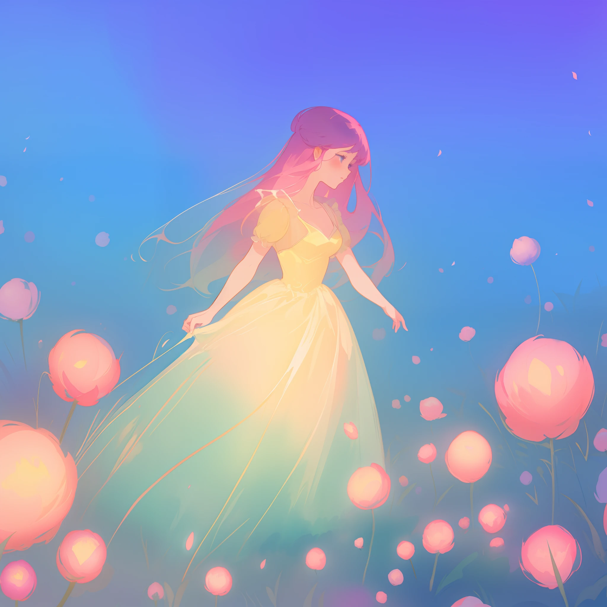 beautiful girl in puffy glowing ballgown, a field with round puffball pink flowers, otherworldly flowers, whimsical landscape, long pink flowing hair, watercolor illustration, inspired by Glen Keane, inspired by Lois van Baarle, disney art style, by Lois van Baarle, by Glen Keane, jen bartel, digital painting, beautiful digital illustration, fantasia otherworldly landscape plants flowers, beautiful, masterpiece, best quality, anime disney style