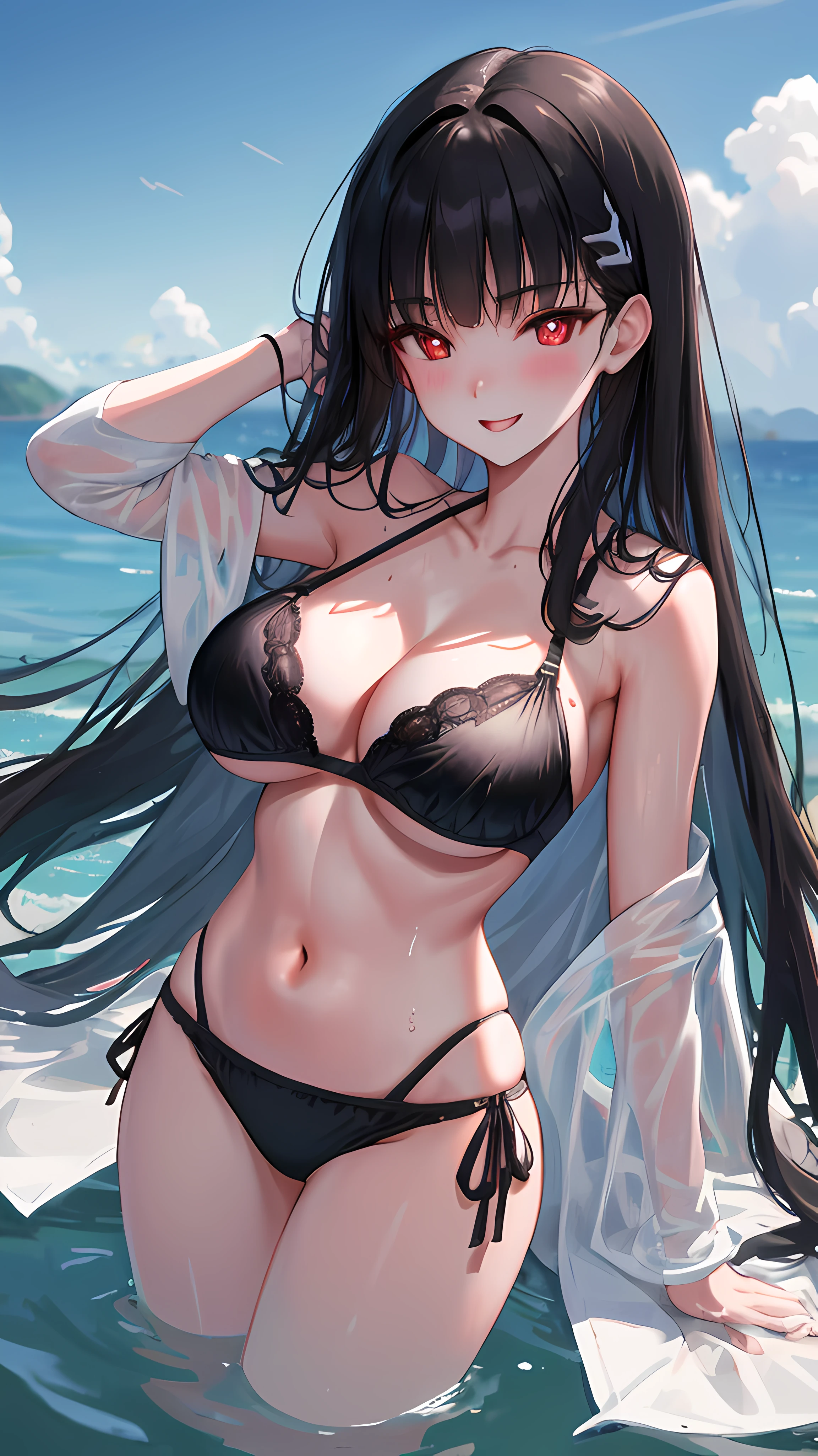 (best quality, masterpiece, ultra-detailed, perfect pixels, 4k Wallpaper, HDR, UHD), Rio(Blue Archive), Raised sexy, Cleavage is seductive, big breasts, long hair, beauty breast, cropped shoulders, Half of the body is in water, arms behind back, Arms down, Invisible hands, blunt bangs, Bikini, Blue sky, cleavage, (Wet and transparent black bra), (Wet and transparent black panties), seductive, smile, open-mouthed, solo, blush, pov, from above, black hair, hair ornament, red eyes, bikini, huge tits