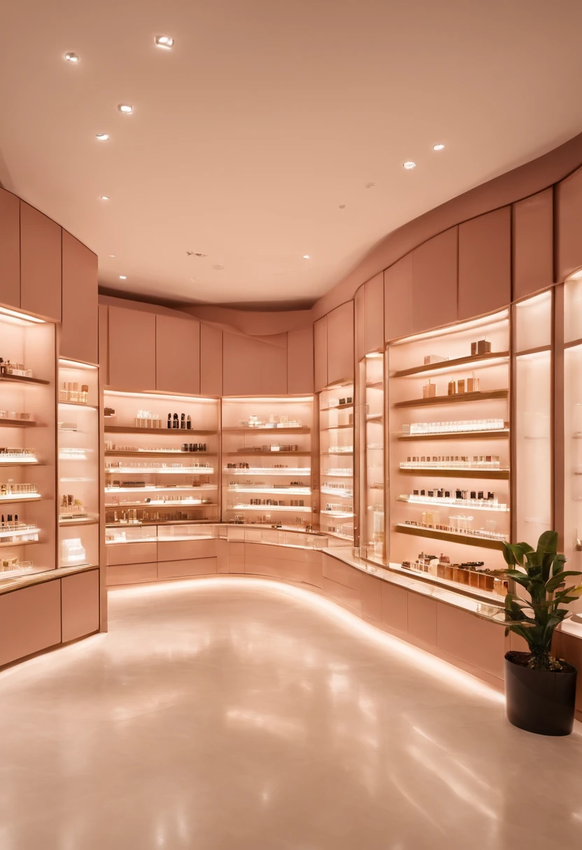 showcase of a women's perfume store in a simple modern style of small size with light colors with the name Parfumania