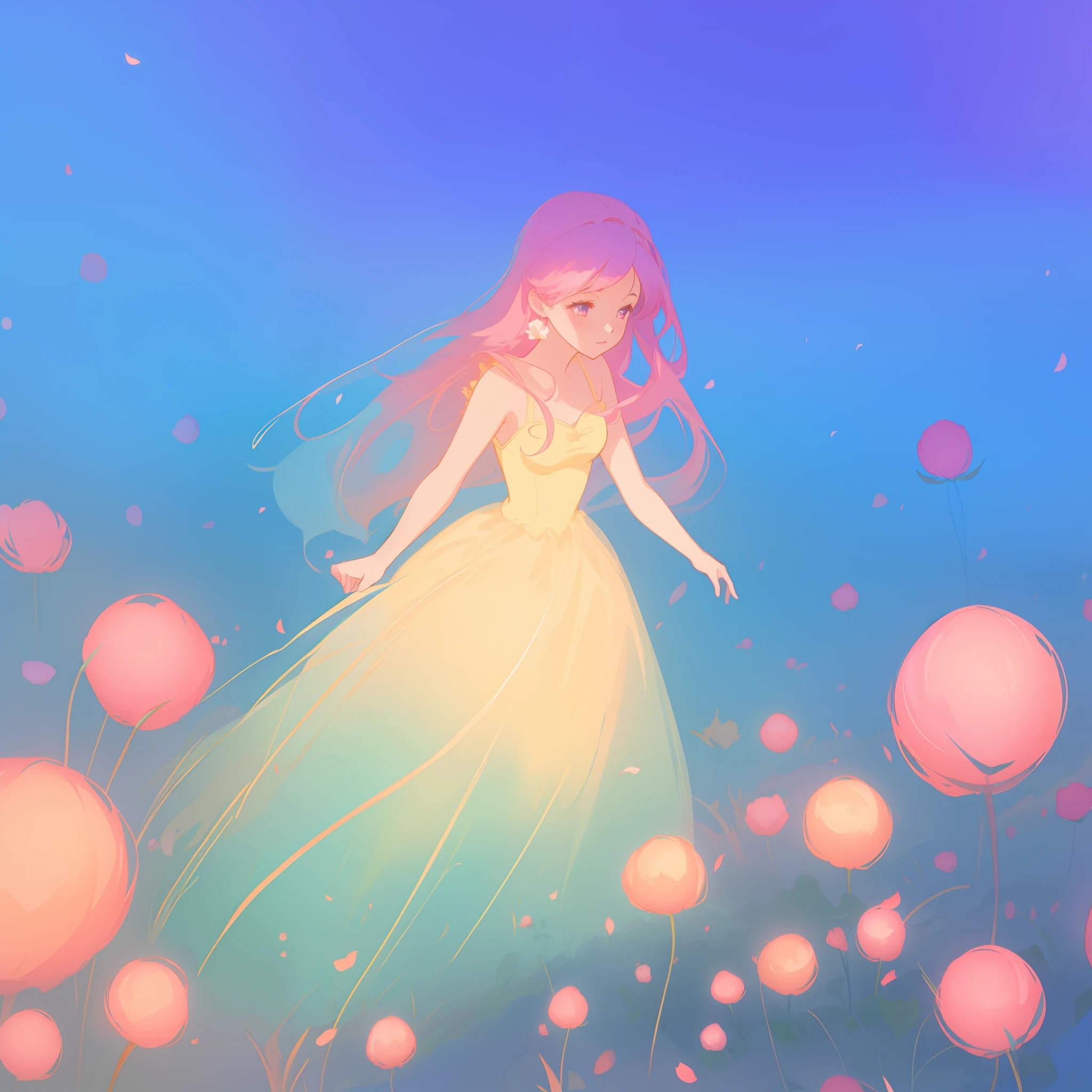 beautiful girl in puffy glowing ballgown, a field with round puffball pink flowers, otherworldly flowers, whimsical landscape, long pink flowing hair, watercolor illustration, inspired by Glen Keane, inspired by Lois van Baarle, disney art style, by Lois van Baarle, by Glen Keane, jen bartel, digital painting, beautiful digital illustration, fantasia otherworldly landscape plants flowers, beautiful, masterpiece, best quality, anime disney style