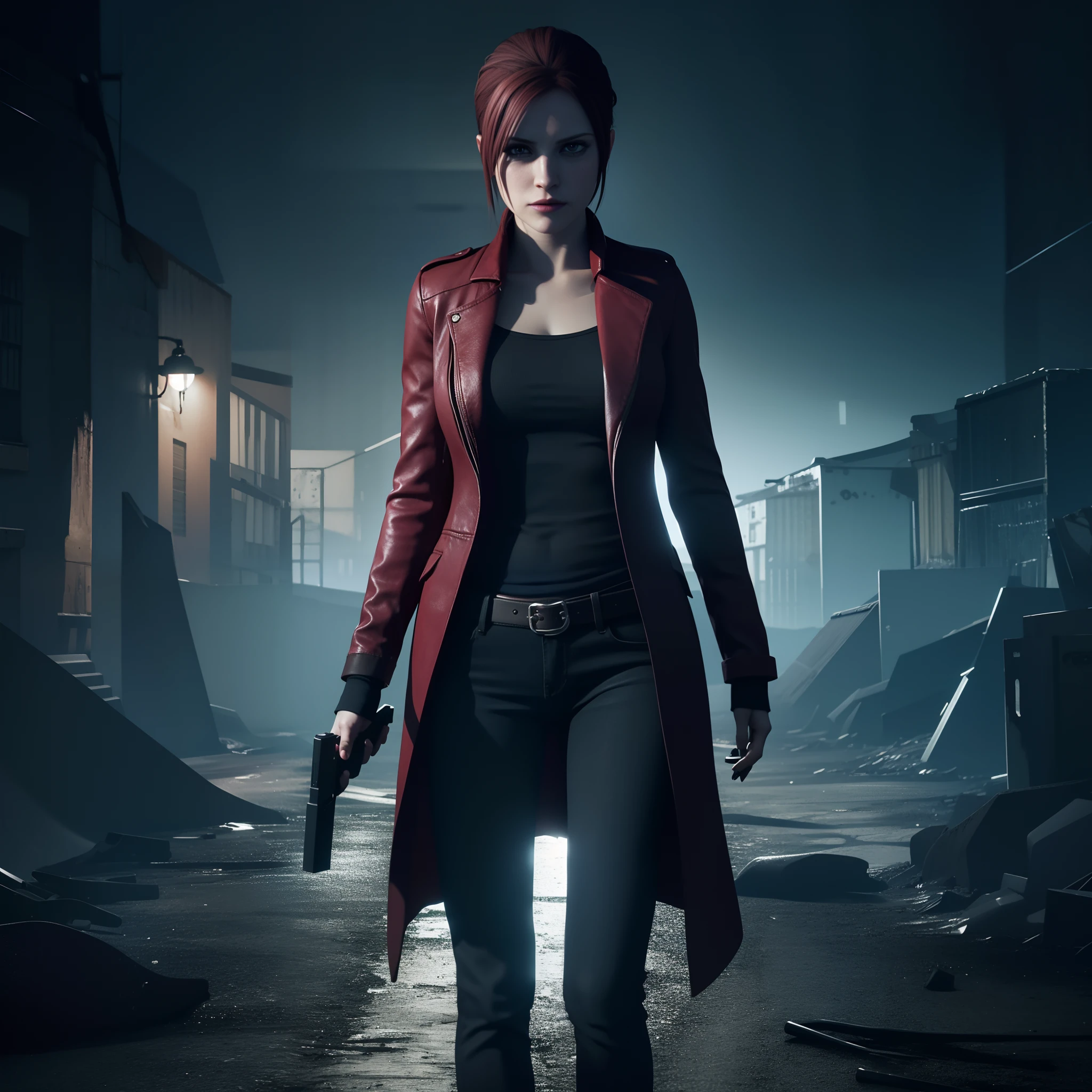 Best quality, Claire Redfield 40 years old, beautiful face, looking at viewer, very long red hair, perfect Face, black jeans, red long coat with black t-shirt, red nail polish, friendly face, glare, holding a gun