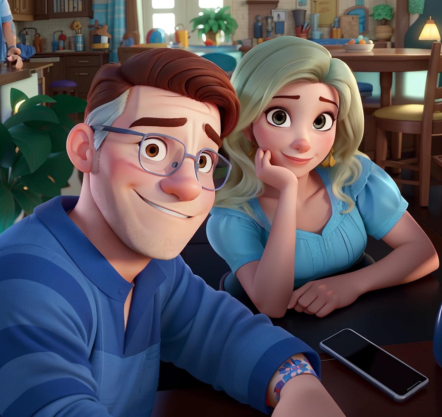 Casal (homem moreno e mulher branca) no estilo Disney Pixar, alta qualidade, melhor qualidade.