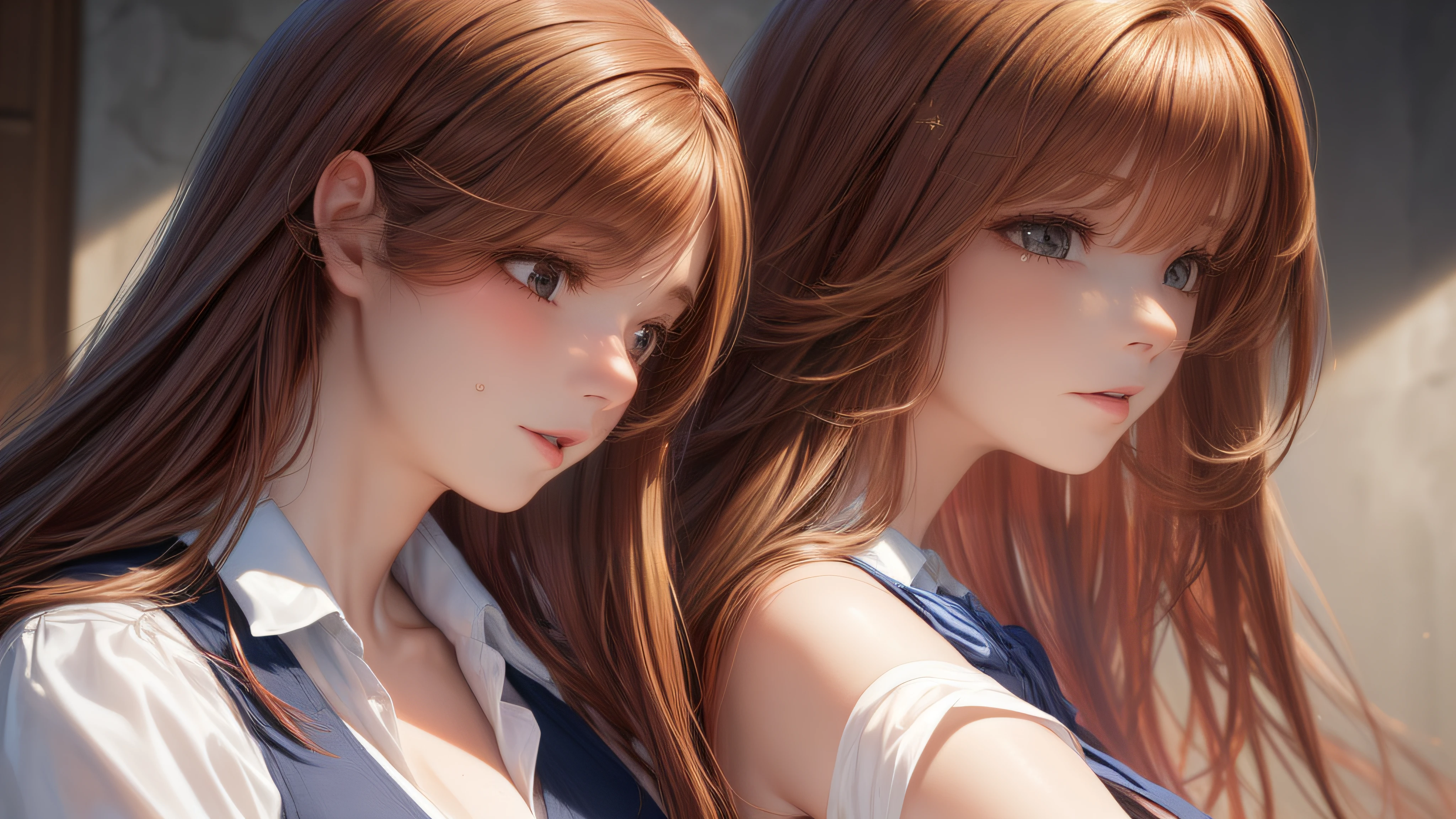 (Close-up),(1girl,ultra detailed skin,beautiful breasts,large breasts,pale skin,pointy breasts,erect nipples),((Hyperrealist portrait:1.5),(8k),ultra-realistic,high detail,high resolution,best quality,masterpiece,Sense of presence,Dynamic,bold),(thin and soft hair:1.8),straight hair,Swept long bangs,extra light coppery amber hair,hair over one eye,(clothed,school uniform)