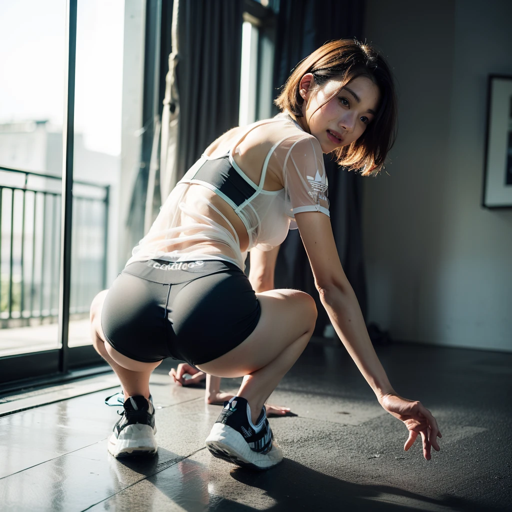 (solo), (a detailed full body RAW photo of a girl), (masterpiece:1.0), (best quality:1.4), (ultra highres:1.2), (photorealistic:1.4), 8k resolution, Canon EOS R5, 50mm, absurdres, ultra detailed, (a detailed full body RAW photo of a girl), (masterpiece:1.0), (best quality:1.4), (ultra highres:1.2),   (cheerful 18year old), japanese athlete sharp focus, cinematic lighting, detailed beautiful face, (no make up:1.2), (ulzzang-6500-v1.1), petite figure, detailed skin texture, flat chest, (skinny and fit body:1.6), detailed brown hair,  sweltering,(very short hair:1.5), smiling face, see-through nipple, (very small and simple and adidas athletic wear:1.5), low rise,  (Crotch streaks and stains), (nipple protrusion on sports bra:1.0), realistic glistening skin, (sweating:1.45), (detailed and erect nipple:1.5), (mana ashida:1.2), dynamic pose, lean back, spread crotch, show hip, ((Crawl on all fours and stick your butt out:1.5)), ((show hip and look back:1.5), from below, very sexy uniform:1.5, see-through:1.3, slender body, ((a part of wear is see-through:1.5))