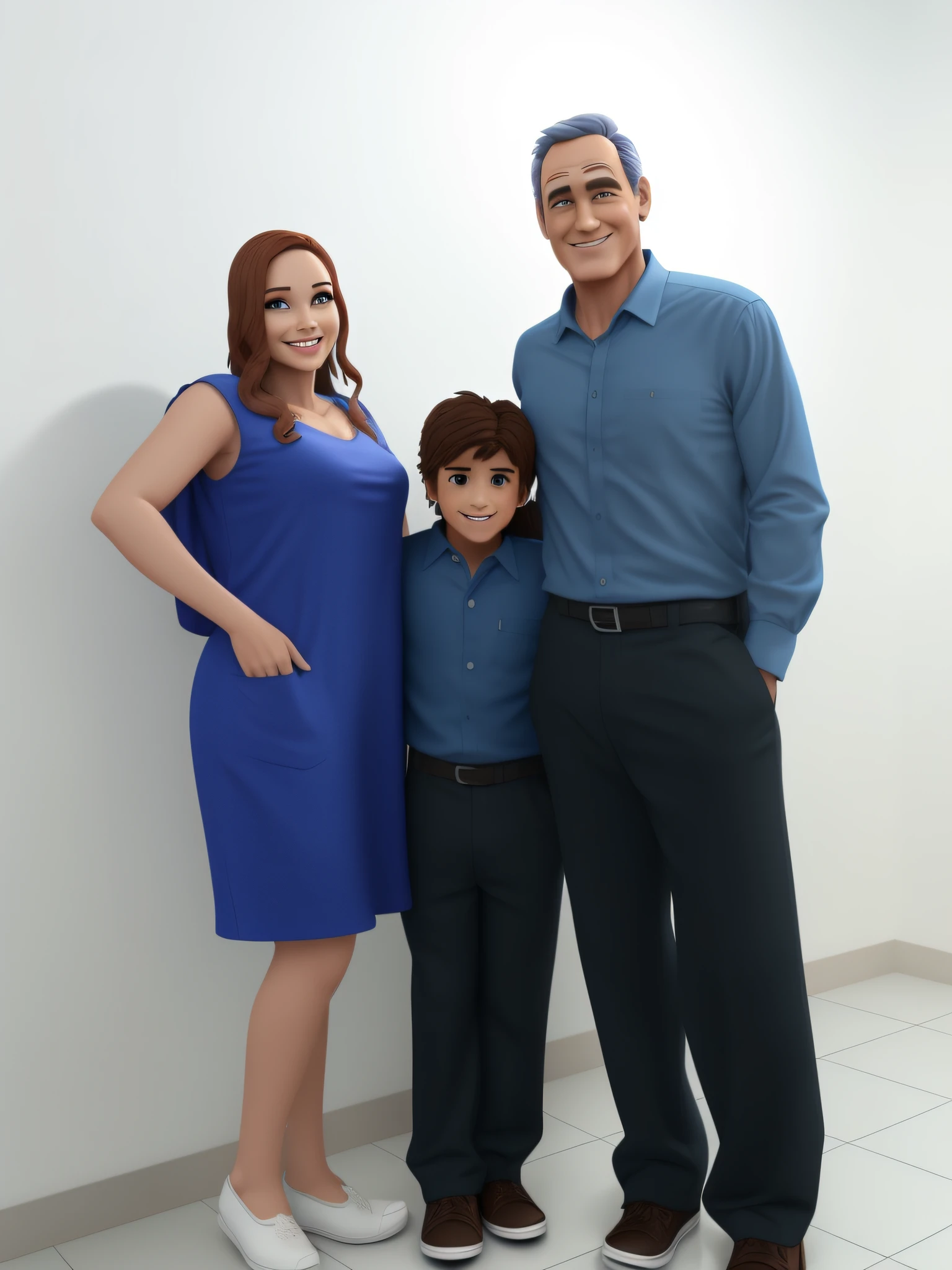 There's a man and a woman next to a boy, marido esposa e filho, Disney Pixar Estilo 3D, amigos felizes saem juntos, all wearing light blue shirts and cream brown long pants, camisa azul clara, cream brown pants, ao ar livre, vacation, Disney Pixar Animation Poster