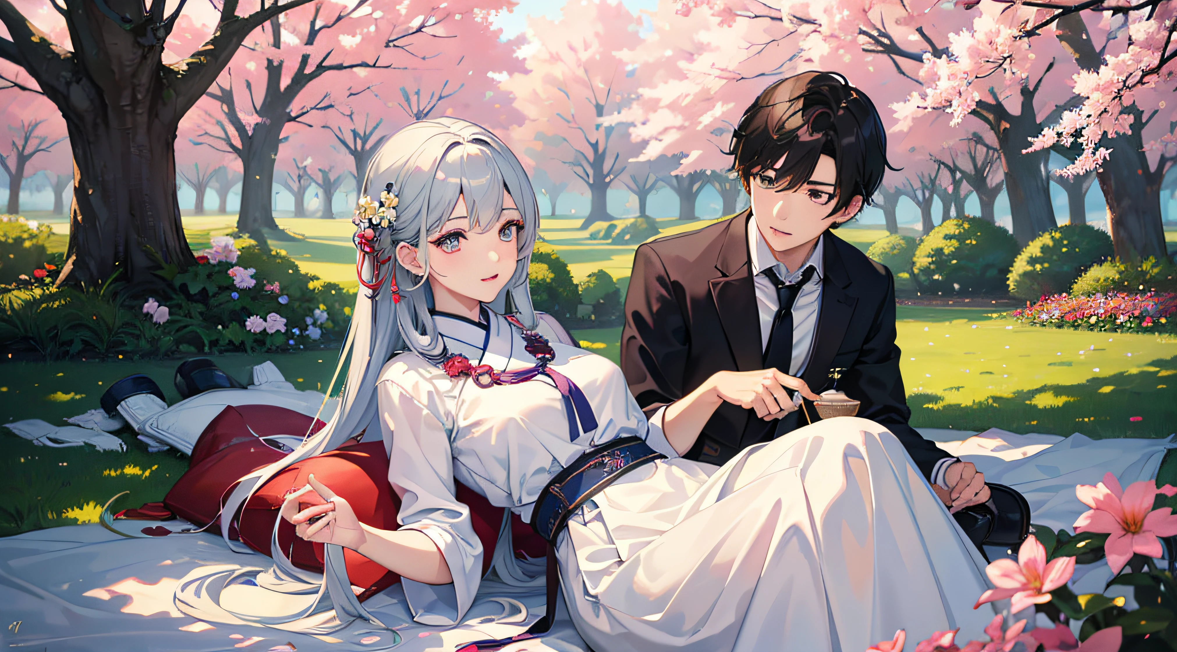 (korean male,korean female) sitting under a tree,looking at each other,beautiful detailed eyes,beautiful detailed lips,extremely detailed eyes and face,longeyelashes,romantic atmosphere,colorful flowers,bright sunlight streaming through the leaves,soft grass,peaceful surroundings,subtle breeze,delicate branches and leaves,natural beauty,nurturing environment,realistic,photorealistic,ultra-detailed,highres,(best quality,4k,8k,masterpiece:1.2),portrait,beautiful colors,romantic lighting