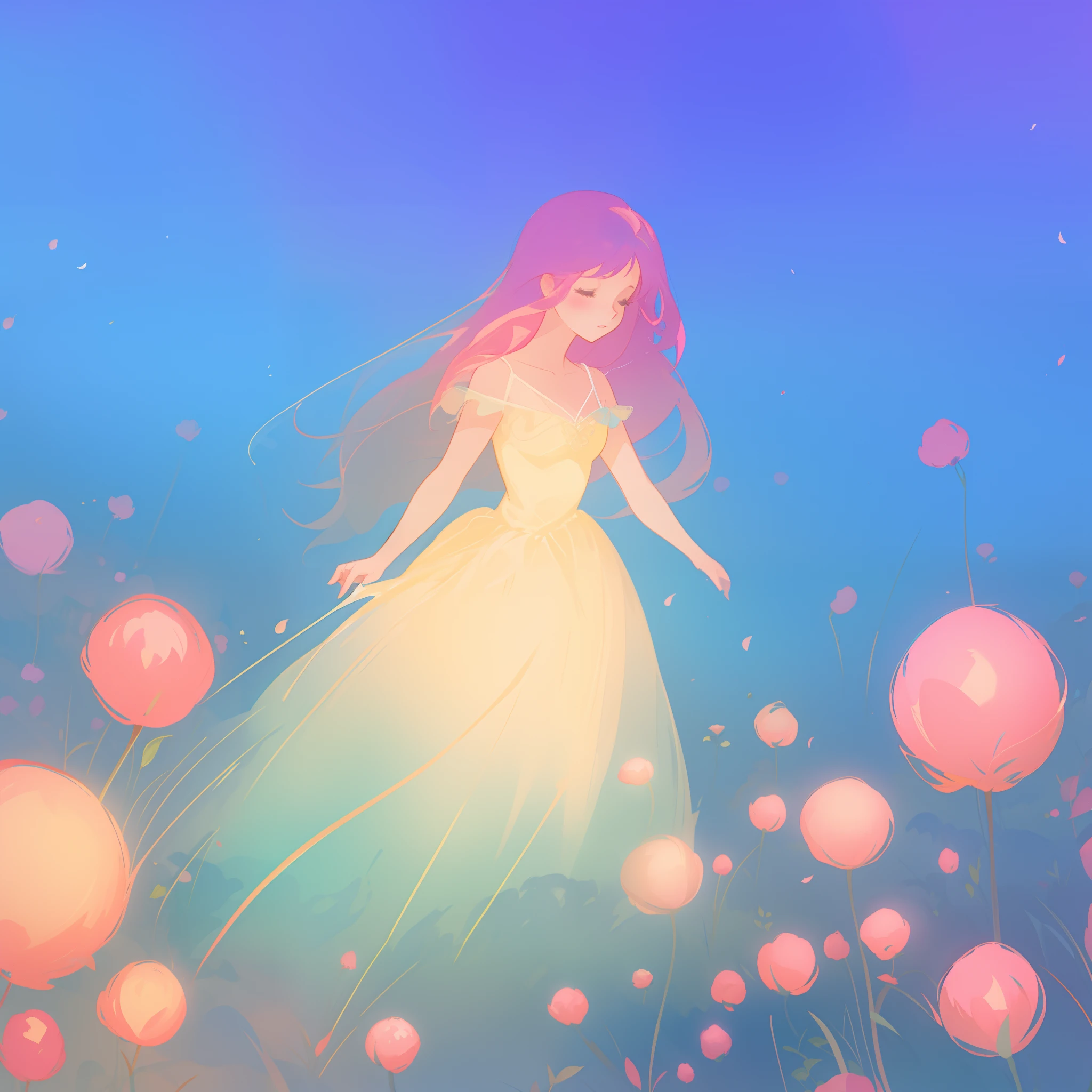 beautiful girl in puffy glowing ballgown, a field with round puffball pink flowers, otherworldly flowers, whimsical landscape, long pink flowing hair, watercolor illustration, inspired by Glen Keane, inspired by Lois van Baarle, disney art style, by Lois van Baarle, by Glen Keane, jen bartel, digital painting, beautiful digital illustration, fantasia otherworldly landscape plants flowers, beautiful, masterpiece, best quality, anime disney style