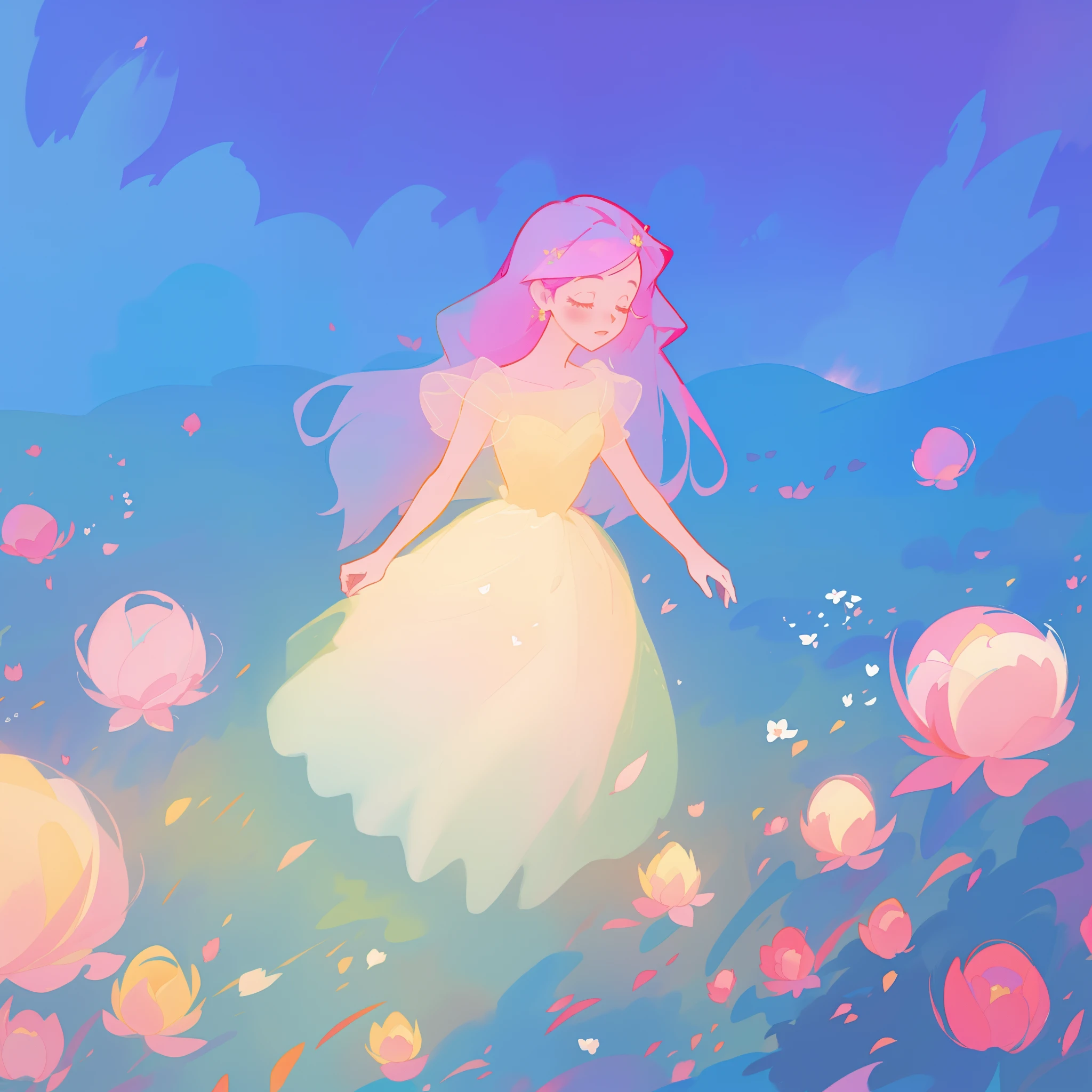 beautiful girl in puffy glowing ballgown, a field with round puffball pink flowers, otherworldly flowers, whimsical landscape, long pink flowing hair, watercolor illustration, inspired by Glen Keane, inspired by Lois van Baarle, disney art style, by Lois van Baarle, by Glen Keane, jen bartel, digital painting, beautiful digital illustration, fantasia otherworldly landscape plants flowers, beautiful, masterpiece, best quality, anime disney style