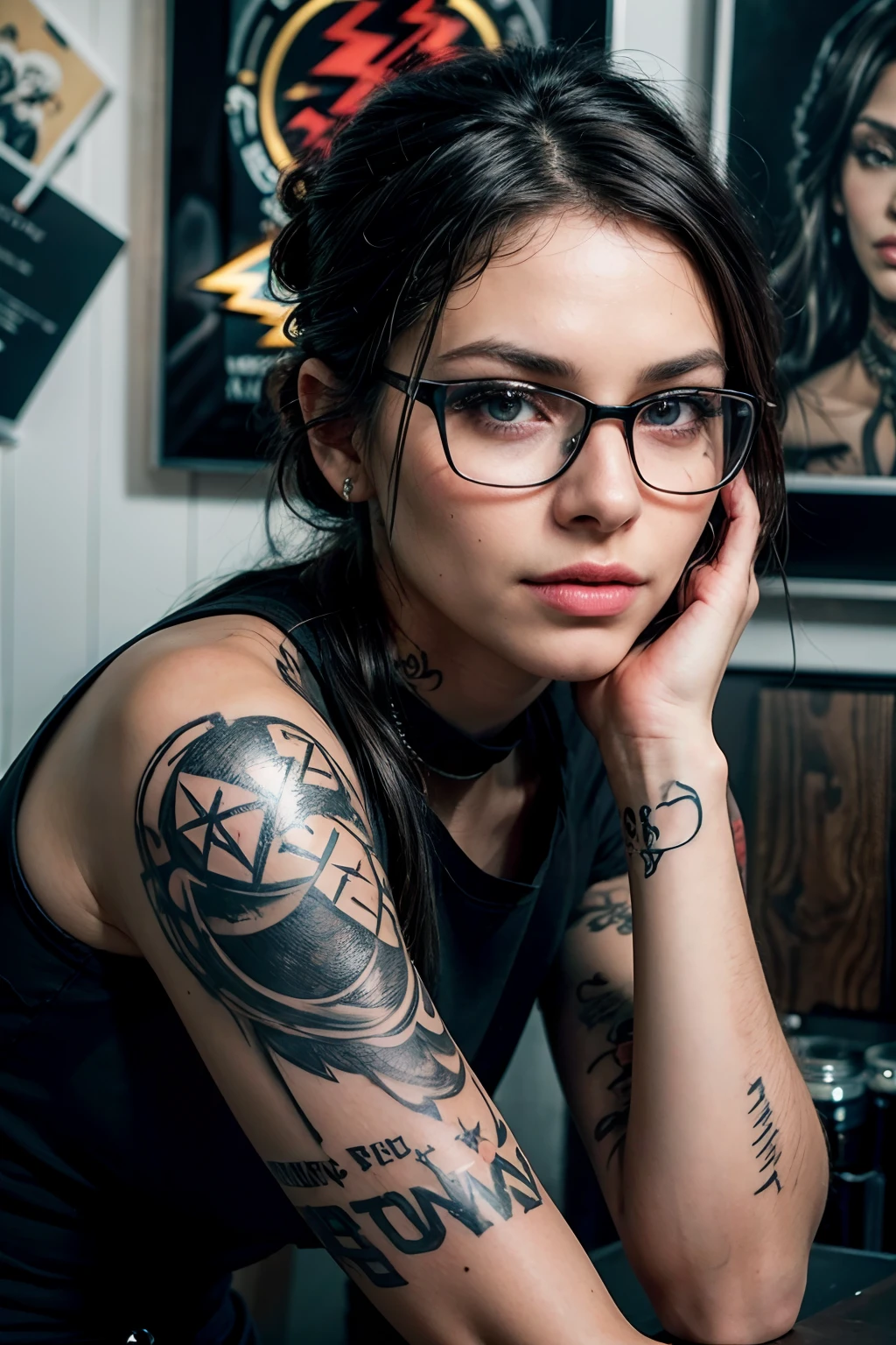 an alluring and beautiful (female tattoo artist:1.1) welcomes you to her tattoo studio, (she sits in front of her (flash-art wall:1.4), a variety of 10-20 tattoo drawings), interior of the tattoo studio we see latest tattoo guns, ink, sanitary items and inspirations, realistic photo, (35% of photo is black in drawing:1.4), she's has an (amazing tattoos:1.3) skill , (she wears thick dark-rimmed glasses on, black tshirt with anime graphic print, dark jeans, bandanna in hair, a piercing) and is intensely looking at camera (studio neon light:1.1), smoky, (Rembrandt lighting:0.9) ,(relaxed intimate photoshoot), beautiful face, slight smile, intense presence, neck tattoo of masterpiece, obsessively detailed artwork, ((flash wall: common designs, usually drawn on paper or cardboard and displayed prominently on the walls or in binders in some tattoo shops. The selection at tattoo studios can be quite mesmerizing)) , cozy relaxed, catching us, beautiful hands, kind eyes, gorgeous warm lighting:1.4,, incredible details, ((high contrast)), (deep, darkest shadows), (shadow details:1.0), ((taken using Leica camera, aperture: f/2.3)) , hyper-realistic skin, pores, scar, mole, (she has dark hair pulled away from face, tidy updo), smokey eye makeup, tattooed skin,, her arms relaxed , relaxed moment, she's in dark with natural light glow, (romantic light:1.2), radiant skin, perfectly framed face, perfect relaxed hands, perfect fingers, (perfect portrait, incredible eyes:1.1), a work of art, beautiful composition, golden ratio, inspiring, (highest quality fabric texture), every detail,Fine facial features – (Highest Quality) ,Leica camera film, High quality ○○ detailed – ○○ details ultra detailed(Ultra-fine ), Photorealistic, Extremely detailed(Extremely detailed) , (highest detail image, lens flare, realistic)○○ res – ○○ resolution ultra high res(A high resolution),playful relaxed photos