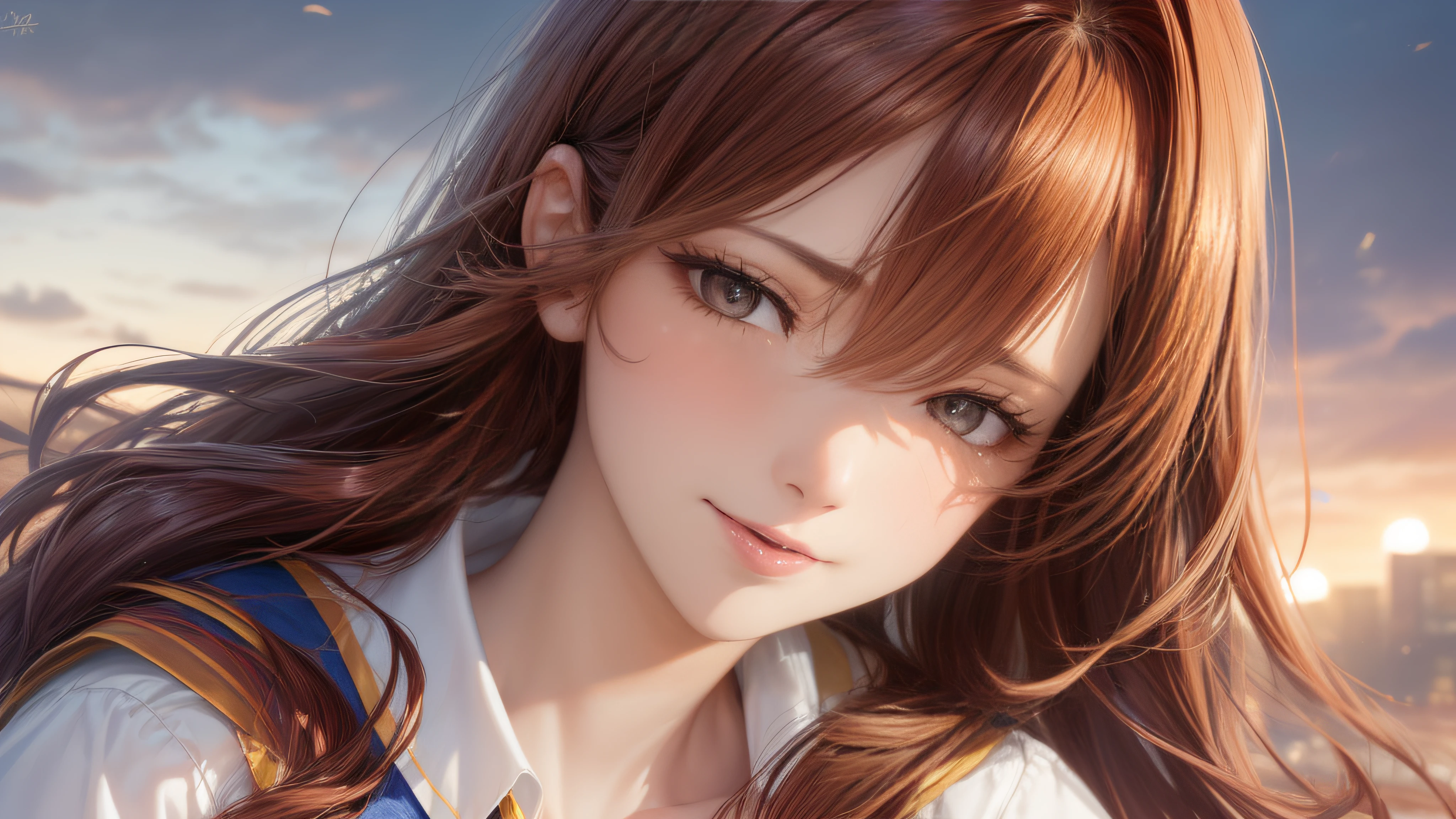 (Close-up),(1girl,ultra detailed skin,beautiful breasts,large breasts,pale skin,pointy breasts,erect nipples),((Hyperrealist portrait:1.5),(8k),ultra-realistic,high detail,high resolution,best quality,masterpiece,Sense of presence,Dynamic,bold),(thin and soft hair:1.8),straight hair,Swept long bangs,extra light coppery amber hair,hair over one eye,(clothed,school uniform)