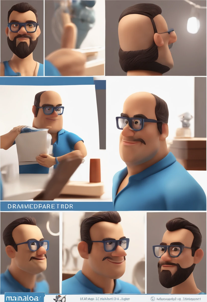 Personagem dos desenhos animados de um homem de 38 anos, with blue glasses, cabelo liso marrom escuro e uma camisa azul, animation character, Caractere estilizado, animation style rendering, 3D estilizado, Arnold Maya render, 3 d render stylized, toon render keyshot, Personagem 3D, Personagem 3D, 3d rendering stylized, 3 d character render, personagem de desenho animado, Personagem de close up, Pose de personagem, (Estilo Pixar) (master part:1.2) (Bokeh) (best quality) (pele detalhada) (textura detalhada) (8k) (argila) (Cinematic lighting) (foco nítido