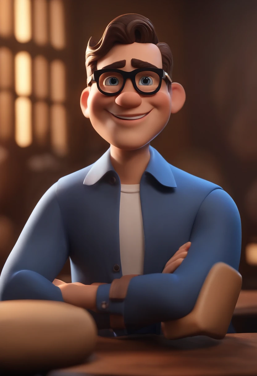 Cartoon character of a man wearing black glasses and a blue shirt, um personagem animado, Caractere estilizado, animation style rendering, 3D estilizado, Arnold Maya render, 3 d render stylized, toon render keyshot, Personagem 3D, Personagem 3D, 3d rendering stylized, 3 d character render, personagem de desenho animado, Personagem de close up, Pose de personagem, (Estilo Pixar) (master part:1.2) (Bokeh) (best quality) (pele detalhada) (textura detalhada) (8k) (argila) (Cinematic lighting) (foco nítido,Senta e vaza a parte superior do corpo