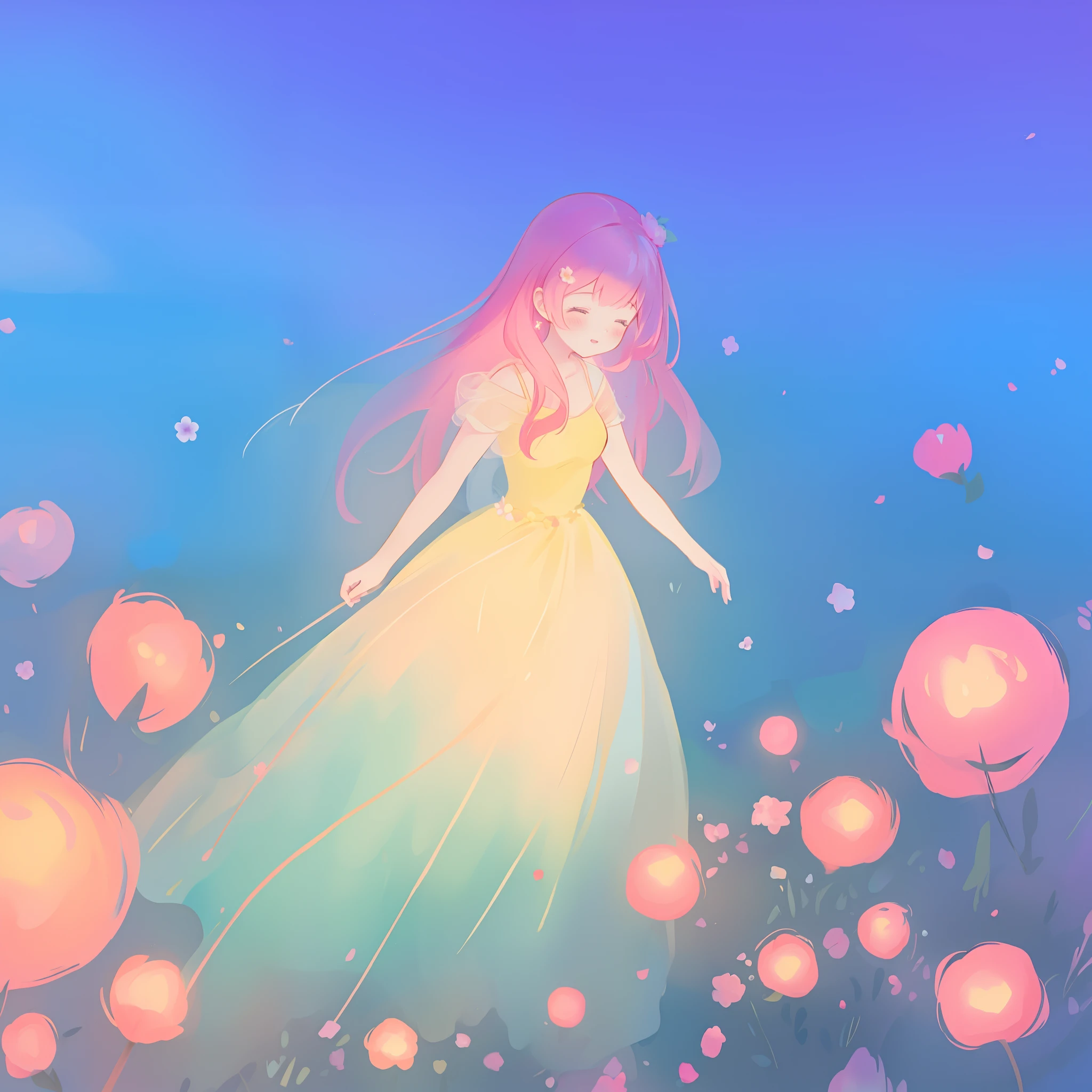 beautiful girl in puffy glowing ballgown, a field with round puffball pink flowers, otherworldly flowers, whimsical landscape, long pink flowing hair, watercolor illustration, inspired by Glen Keane, inspired by Lois van Baarle, disney art style, by Lois van Baarle, by Glen Keane, jen bartel, digital painting, beautiful digital illustration, fantasia otherworldly landscape plants flowers, beautiful, masterpiece, best quality, anime disney style