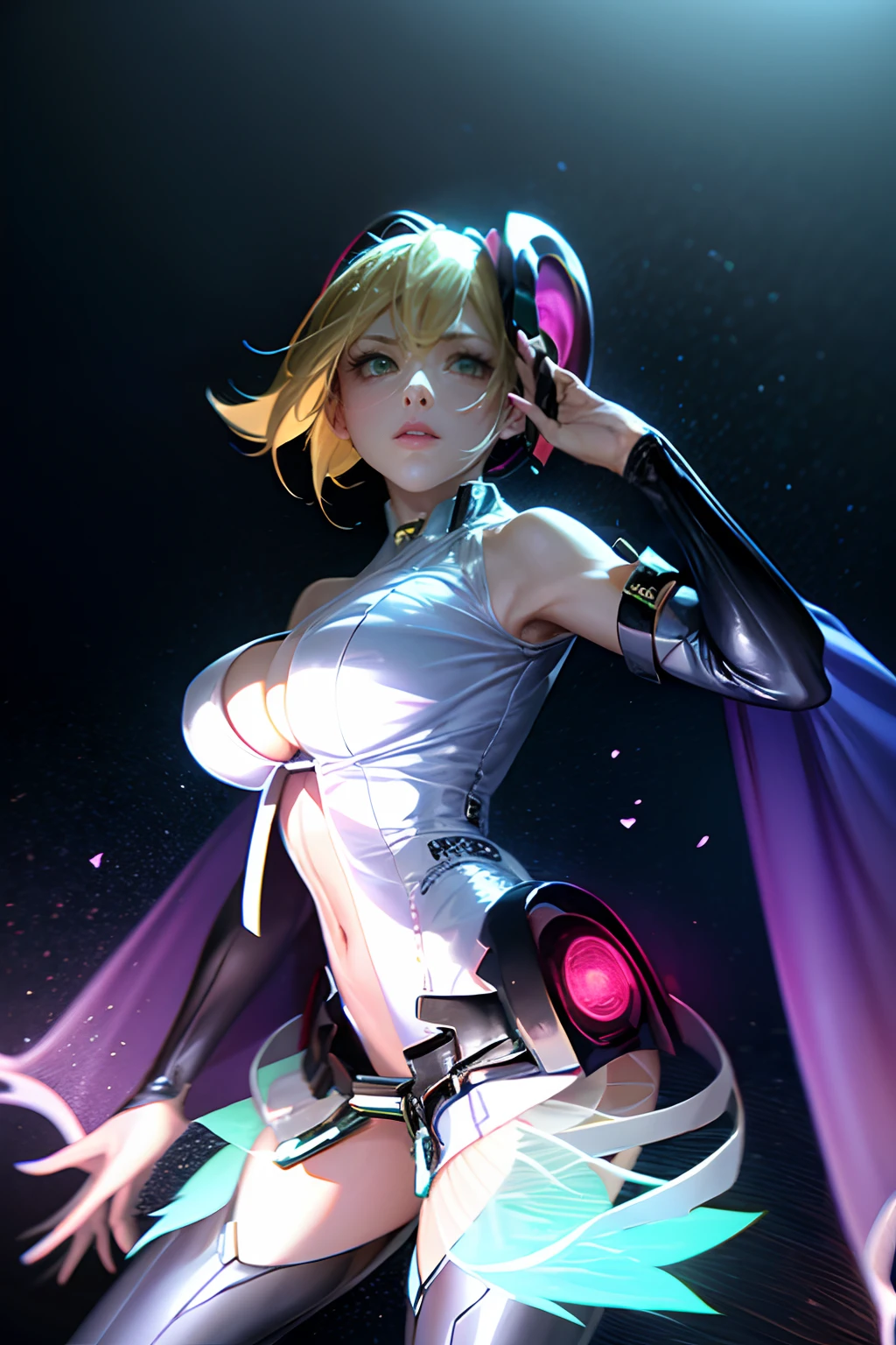 (Obra maestra:1.2), (La mejor calidad:1.2), Perfect lighting, Chica Maga Oscura lanzando un hechizo, flotando en el aire, tetas grandes, escote, fondo de magia. Corazones transparente en el hambiente, blue robe, sombrero grande, desde arriba, Destellos, Yugioh Card en el fondo