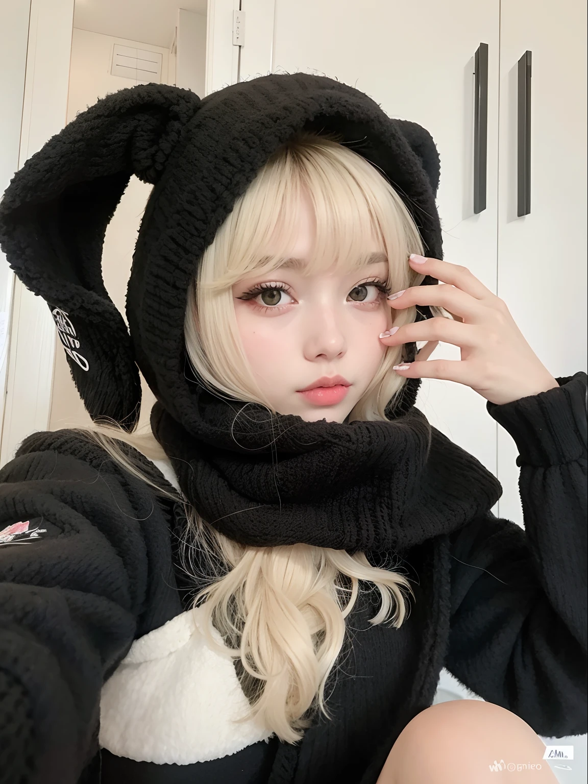 Mulher loira com cabelo longo vestindo um traje de urso preto, with long floppy rabbit ears, usando um capuz com orelhas pontudas, Ulzzang, linda Delphine, com chifres pretos em vez de orelhas, Lalisa Manobal, menina com orelhas de gato, 1 7 - - old me goth girl, wearing fluffy black scarf, goth girl aesthetic