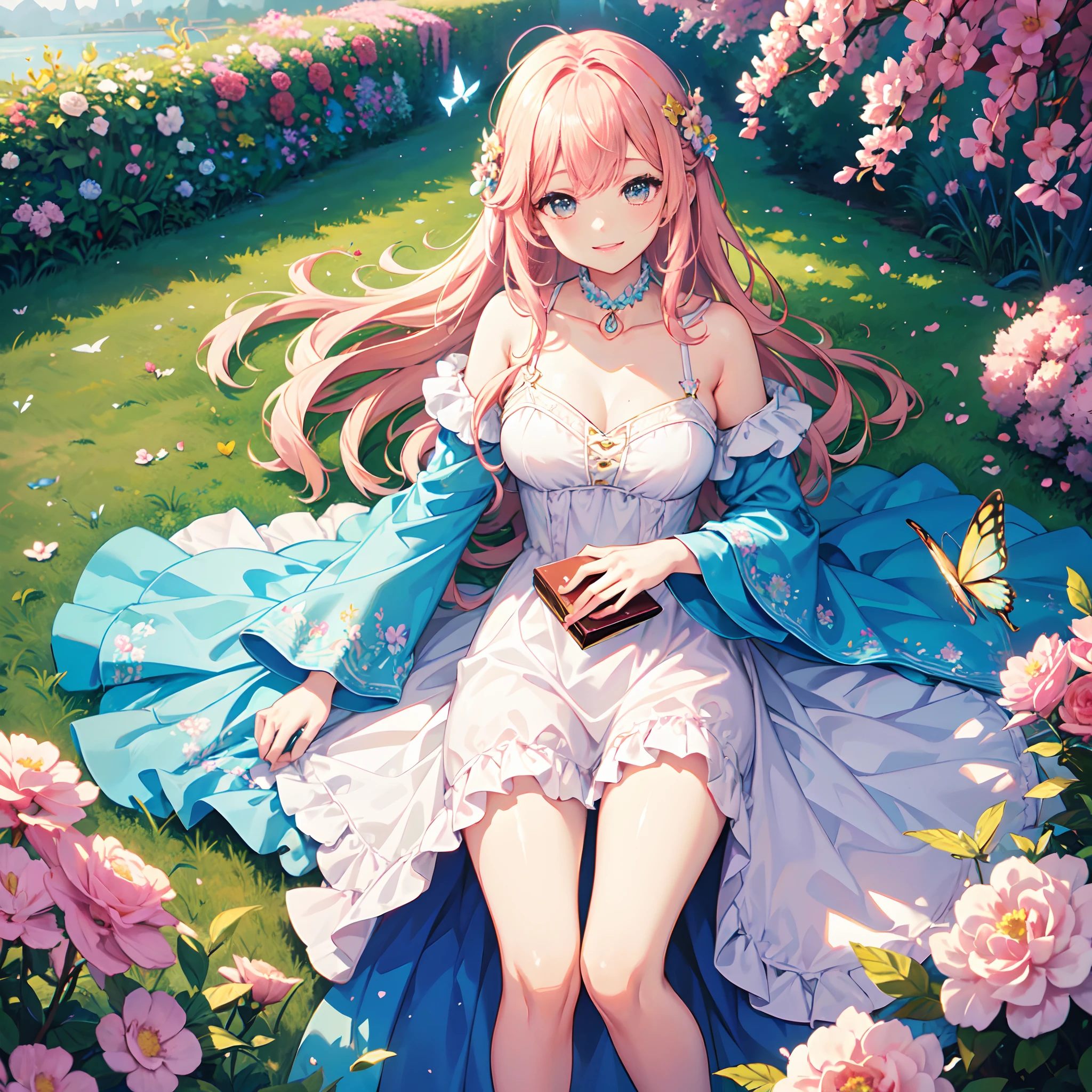 (best quality, 8k, masterpiece:1.2, nsfw ),Cutest,Cute girl,mesugaki,Beautiful face,Beautiful eyes,Beautiful hair, Light pink hair,Lots of colorful flowers,sunshine,peaceful garden,summer dress,holding a book,smiling,golden hour lighting,vibrant colors,happy expression,
soft breeze,gentle makeup,freckles,blonde hair,flowing dress,pastel colors,fairytale atmosphere,fluttering butterflies,dreamy atmosphere,vivid greenery。