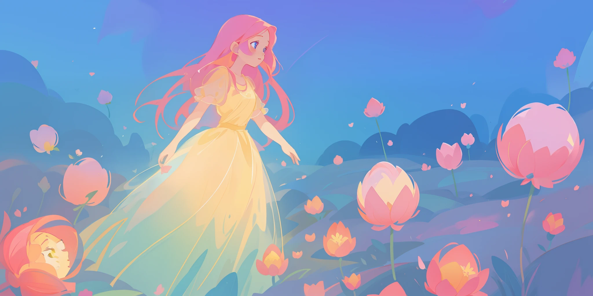 beautiful girl in puffy glowing ballgown, a field with round puffball pink flowers, otherworldly flowers, whimsical landscape, long pink flowing hair, watercolor illustration, inspired by Glen Keane, inspired by Lois van Baarle, disney art style, by Lois van Baarle, by Glen Keane, jen bartel, digital painting, beautiful digital illustration, fantasia otherworldly landscape plants flowers, beautiful, masterpiece, best quality, anime disney style, Glen Keane, jen bartel, (((beautiful girl))), golden ratio, perfection composition