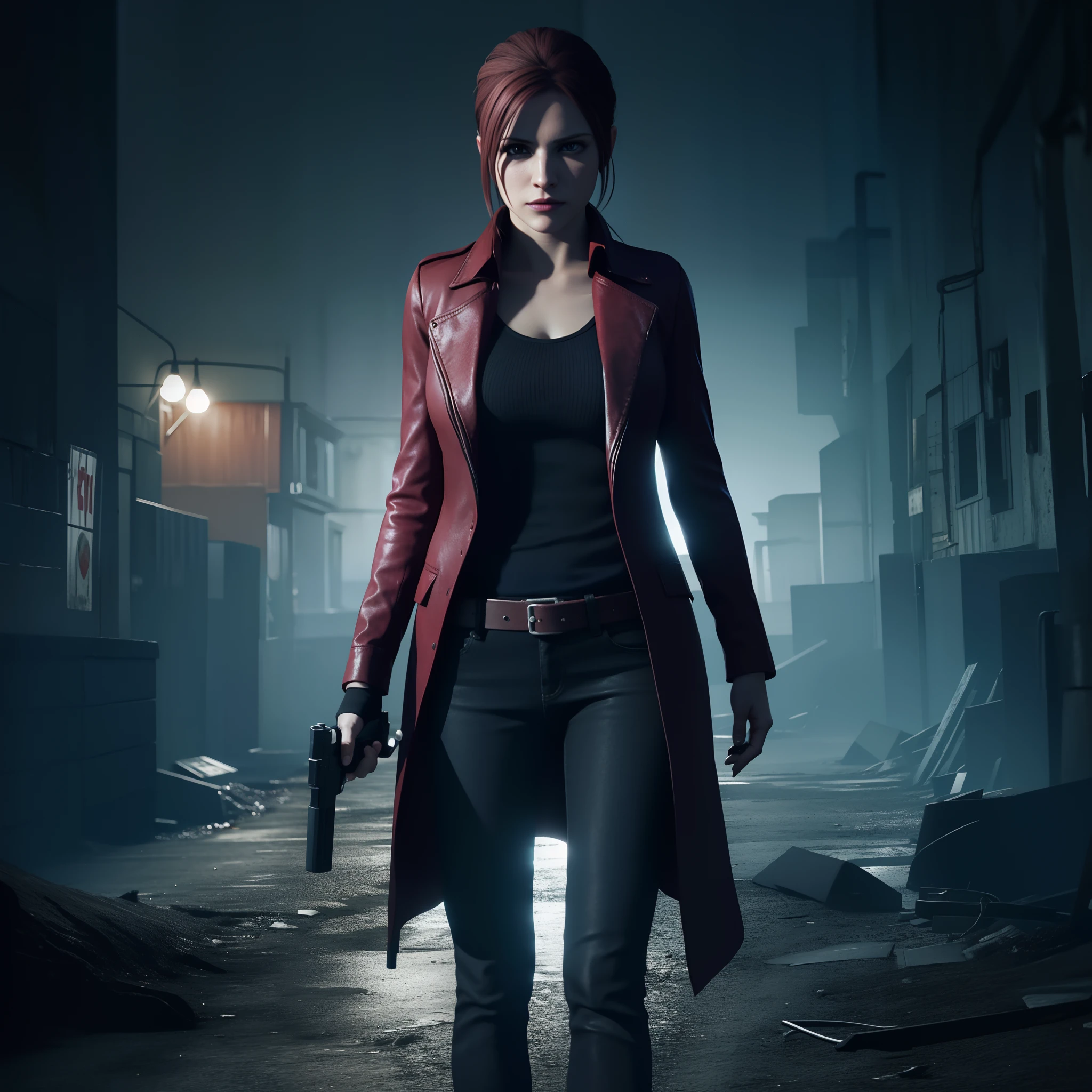 Best quality, Claire Redfield 40 years old, beautiful face, looking at viewer, very long red hair, perfect Face, black jeans, red long coat with black t-shirt, red nail polish, friendly face, glare, holding a gun