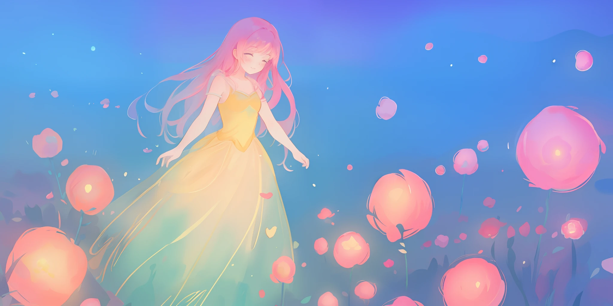 beautiful girl in puffy glowing ballgown, a field with round puffball pink flowers, otherworldly flowers, whimsical landscape, long pink flowing hair, watercolor illustration, inspired by Glen Keane, inspired by Lois van Baarle, disney art style, by Lois van Baarle, by Glen Keane, jen bartel, digital painting, beautiful digital illustration, fantasia otherworldly landscape plants flowers, beautiful, masterpiece, best quality, anime disney style, Glen Keane, jen bartel, (((beautiful girl))), golden ratio, perfection composition