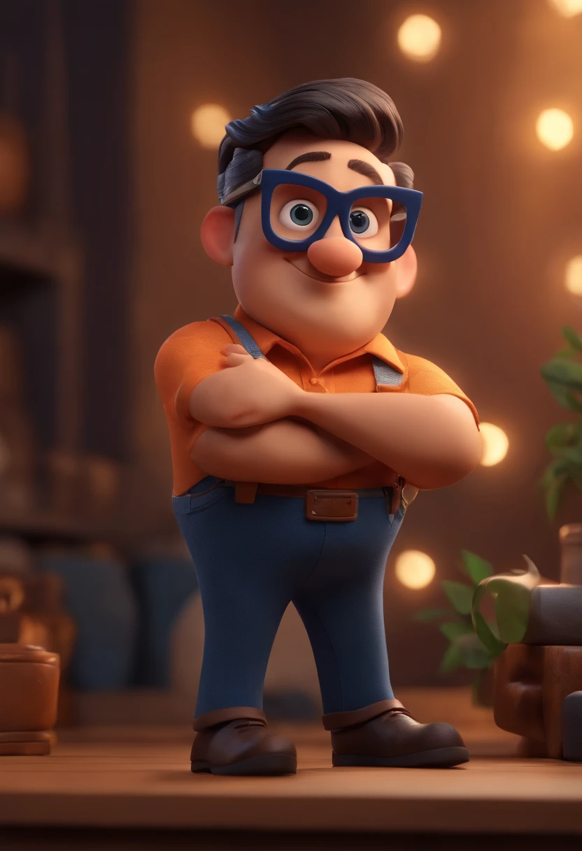 Cartoon character of a man wearing black glasses and a blue shirt, um personagem animado, Caractere estilizado, animation style rendering, 3D estilizado, Arnold Maya render, 3 d render stylized, toon render keyshot, Personagem 3D, Personagem 3D, 3d rendering stylized, 3 d character render, personagem de desenho animado, Personagem de close up, Pose de personagem, (Estilo Pixar) (master part:1.2) (Bokeh) (best quality) (pele detalhada) (textura detalhada) (8k) (argila) (Cinematic lighting) (foco nítido，Senta e vaza a parte superior do corpo