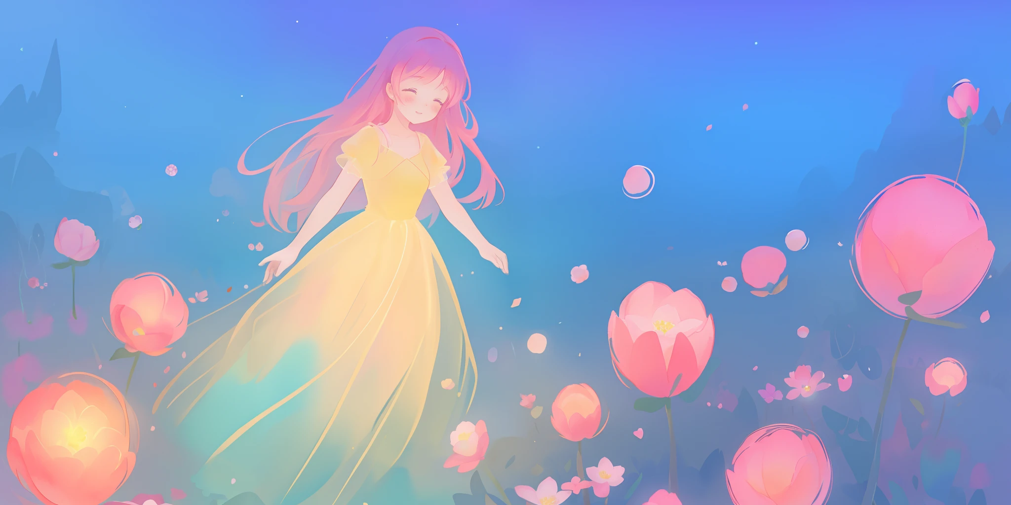 beautiful girl in puffy glowing ballgown, a field with round puffball pink flowers, otherworldly flowers, whimsical landscape, long pink flowing hair, watercolor illustration, inspired by Glen Keane, inspired by Lois van Baarle, disney art style, by Lois van Baarle, by Glen Keane, jen bartel, digital painting, beautiful digital illustration, fantasia otherworldly landscape plants flowers, beautiful, masterpiece, best quality, anime disney style, Glen Keane, jen bartel, (((beautiful girl))), golden ratio, perfection composition