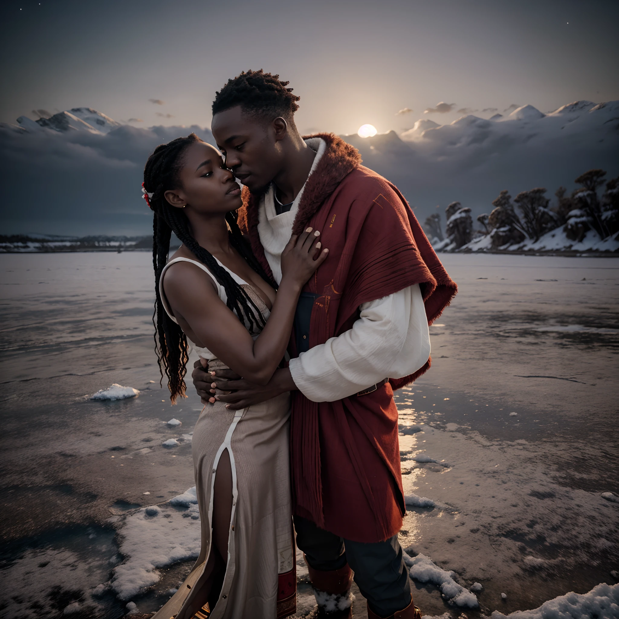 Wide angle shot of an African man embracing an African woman in his arms, romantic hug, both dressed in ancient african clothes of hides and fur, standing on a frozen lake, red colour spread minimally on the frozen lake, red and white layers of colour in the background, giving a grey and white colour grading in the scene, colour grading reminiscent of interstellar movie by Christopher Nolan, night time with the moon close right next to them shining,  surreal image, Epic cinematic lighting, artgerm style, 32k, ultra HD, unreal engine rendered, hyper-realistic image,