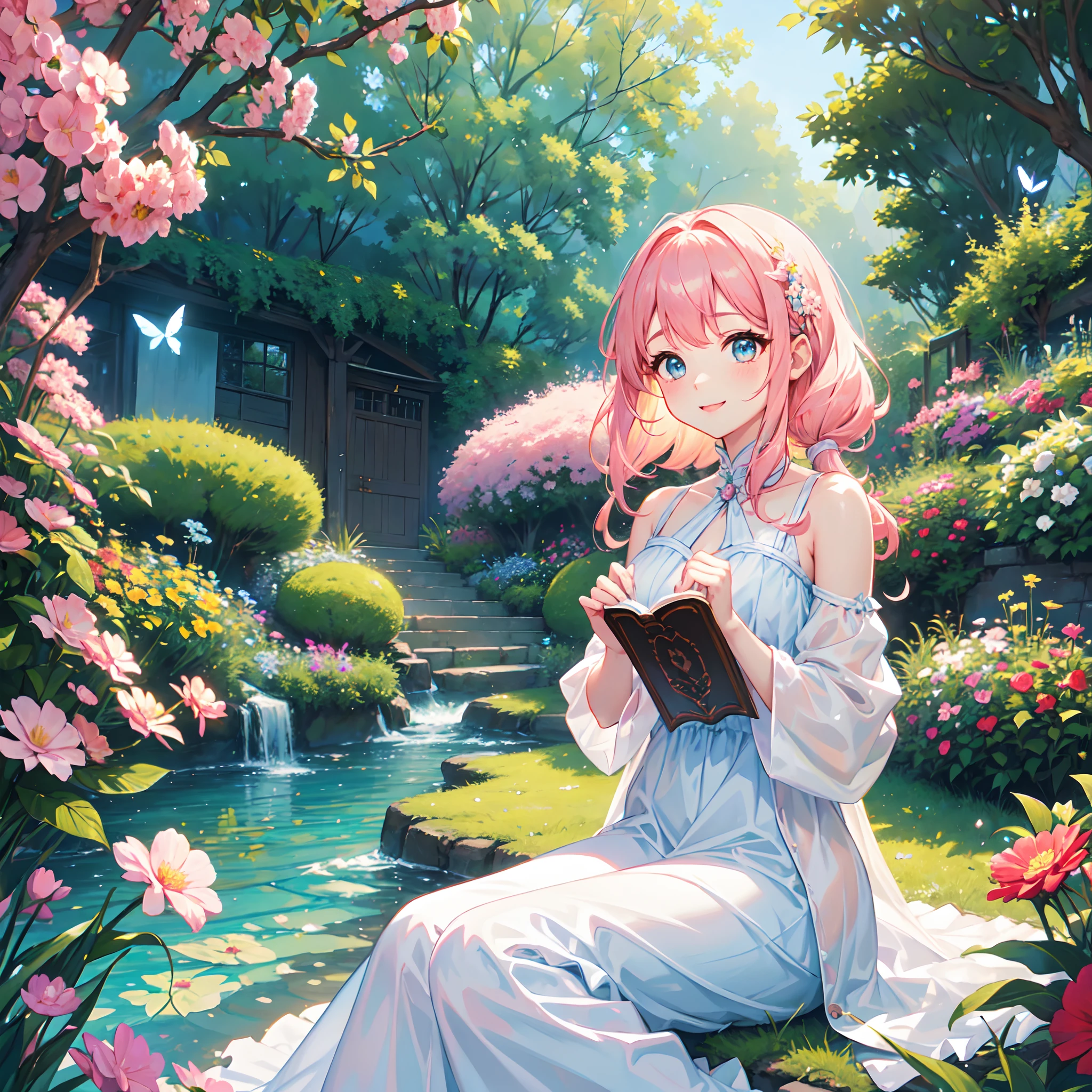 (best quality, 8k, masterpiece:1.2, nsfw ),Cutest,Cute girl,mesugaki,Beautiful face,Beautiful eyes,Beautiful hair, Light pink hair,Lots of colorful flowers,sunshine,peaceful garden,summer dress,holding a book,smiling,golden hour lighting,vibrant colors,happy expression,
soft breeze,gentle makeup,freckles,blonde hair,flowing dress,pastel colors,fairytale atmosphere,fluttering butterflies,dreamy atmosphere,vivid greenery。
