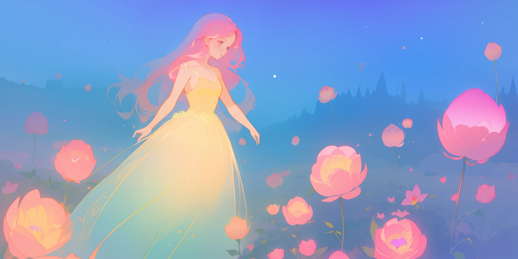 beautiful girl in puffy glowing ballgown, a field with round puffball pink flowers, otherworldly flowers, whimsical landscape, long pink flowing hair, watercolor illustration, inspired by Glen Keane, inspired by Lois van Baarle, disney art style, by Lois van Baarle, by Glen Keane, jen bartel, digital painting, beautiful digital illustration, fantasia otherworldly landscape plants flowers, beautiful, masterpiece, best quality, anime disney style, Glen Keane, jen bartel, (((beautiful girl))), golden ratio, perfection composition