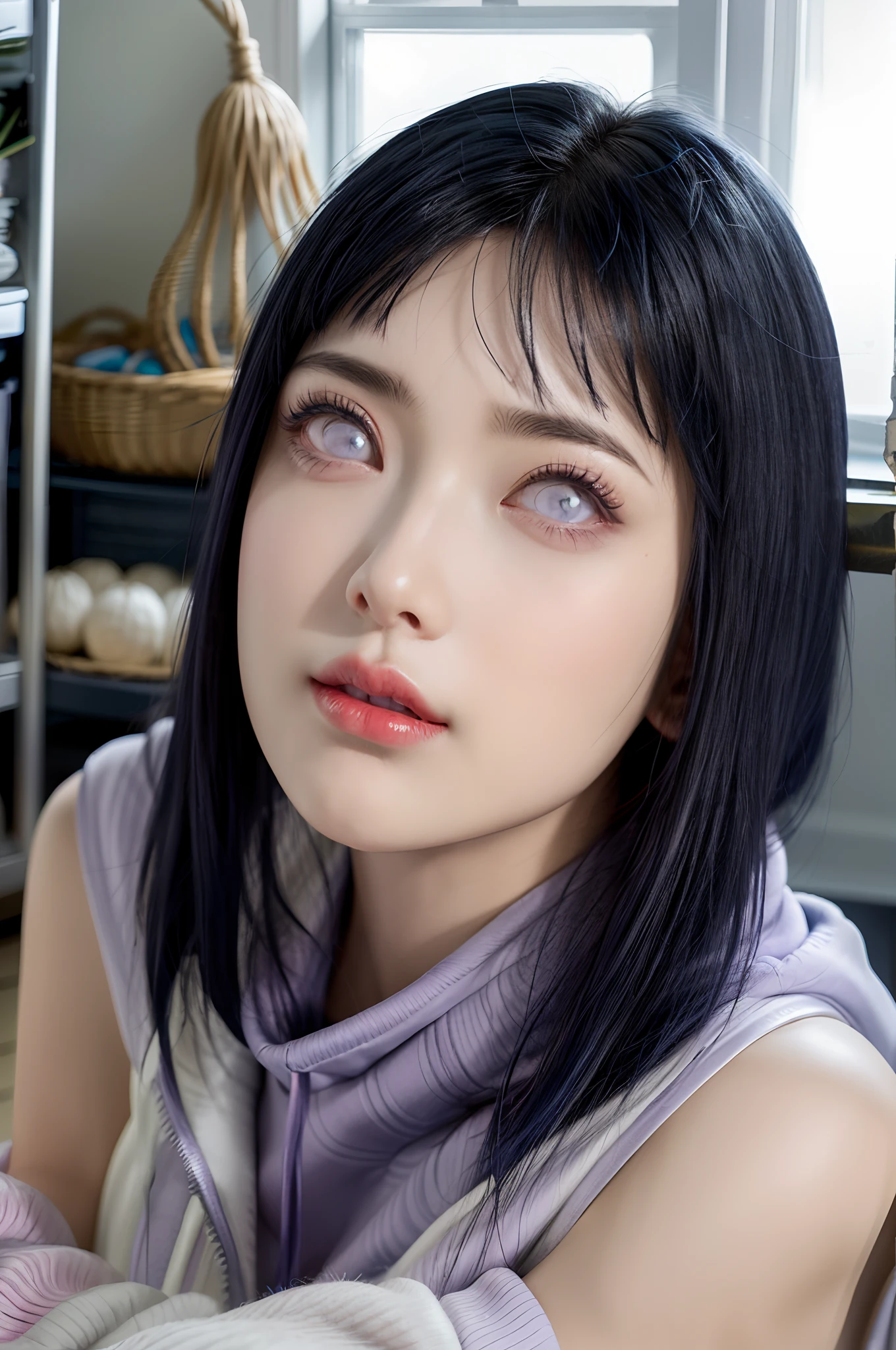 a close up of a person with long hair and a hoodie, hinata hyuga, hinata hyuga from naruto, from naruto, as an anime character, perfect anime face, she has dark blue hair with bangs, female anime character, anime character, anime best girl, hime cut hairstyle, dark blue hair, (red glossy lips:1.3), light purple eyes, big breasts, realistic, ultra detail, indoor background