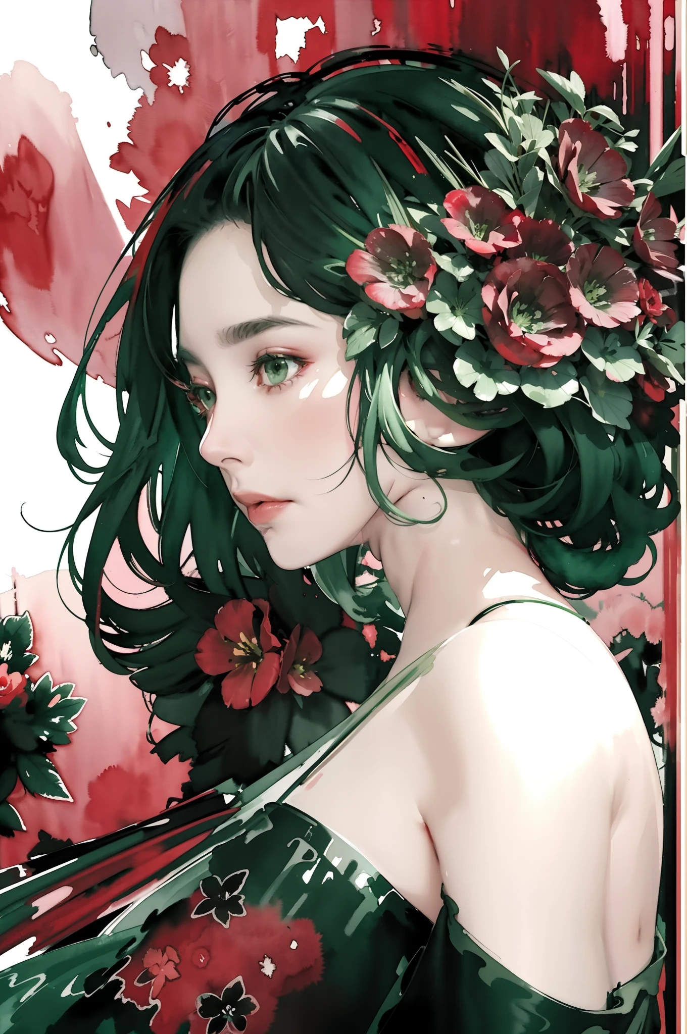 1girl, red and black flowers, Lisianthus ,in the style of black, light red and light green, dreamy and romantic compositions, pale pink, ethereal foliage, playful arrangements,fantasy, high contrast, ink strokes, explosions, over exposure, light and green tone impression , abstract, ((watercolor painting by John Berkey and Jeremy Mann )) brush strokes, negative space