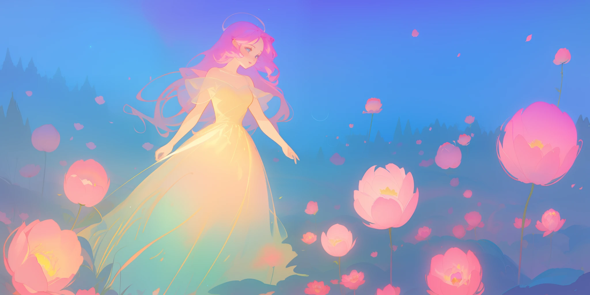 beautiful girl in puffy glowing ballgown, a field with round puffball pink flowers, otherworldly flowers, whimsical landscape, long pink flowing hair, watercolor illustration, inspired by Glen Keane, inspired by Lois van Baarle, disney art style, by Lois van Baarle, by Glen Keane, jen bartel, digital painting, beautiful digital illustration, fantasia otherworldly landscape plants flowers, beautiful, masterpiece, best quality, anime disney style, Glen Keane, jen bartel, (((beautiful girl))), golden ratio, perfection composition