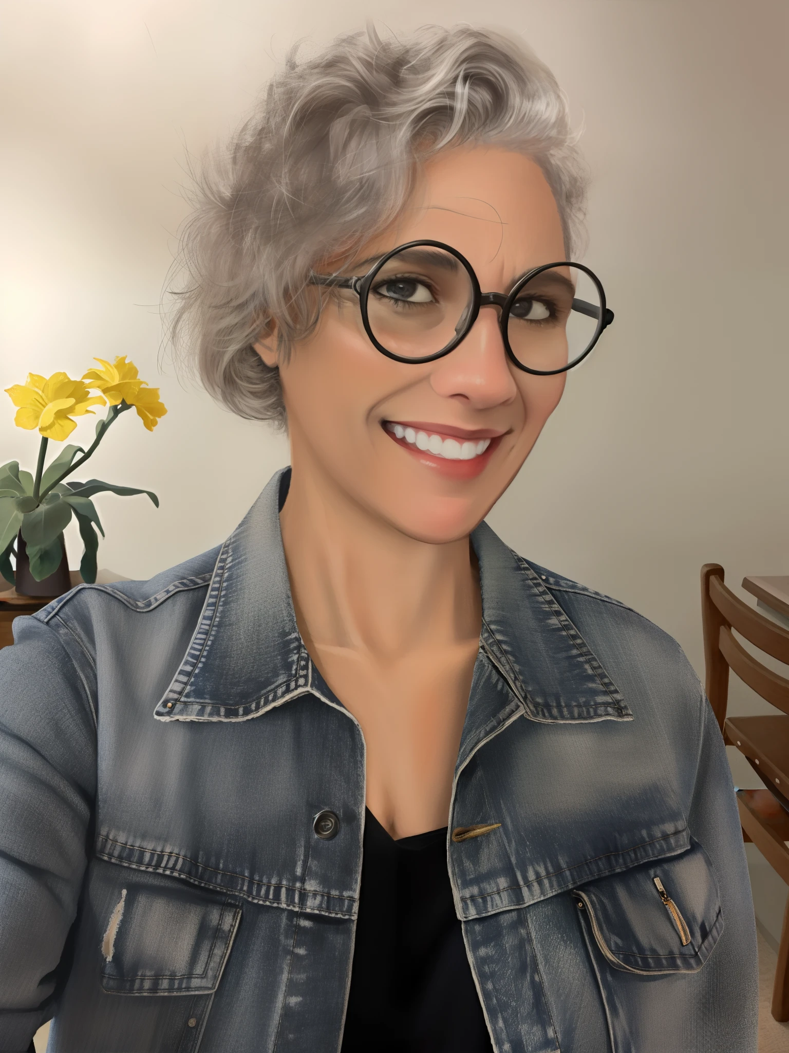 Smiling woman with glasses and denim jacket holding a plate of food, imagem de perfil, wearing small round glasses, wearing thin large round glasses, foto de perfil headshot, Nancy Grossman, ficando cinza, wearing round glasses, tarde - 4 0 s de idade, wearing black rimmed glasses, barbara canepa, Directed by: Nandor Soldier, Laurie graxa