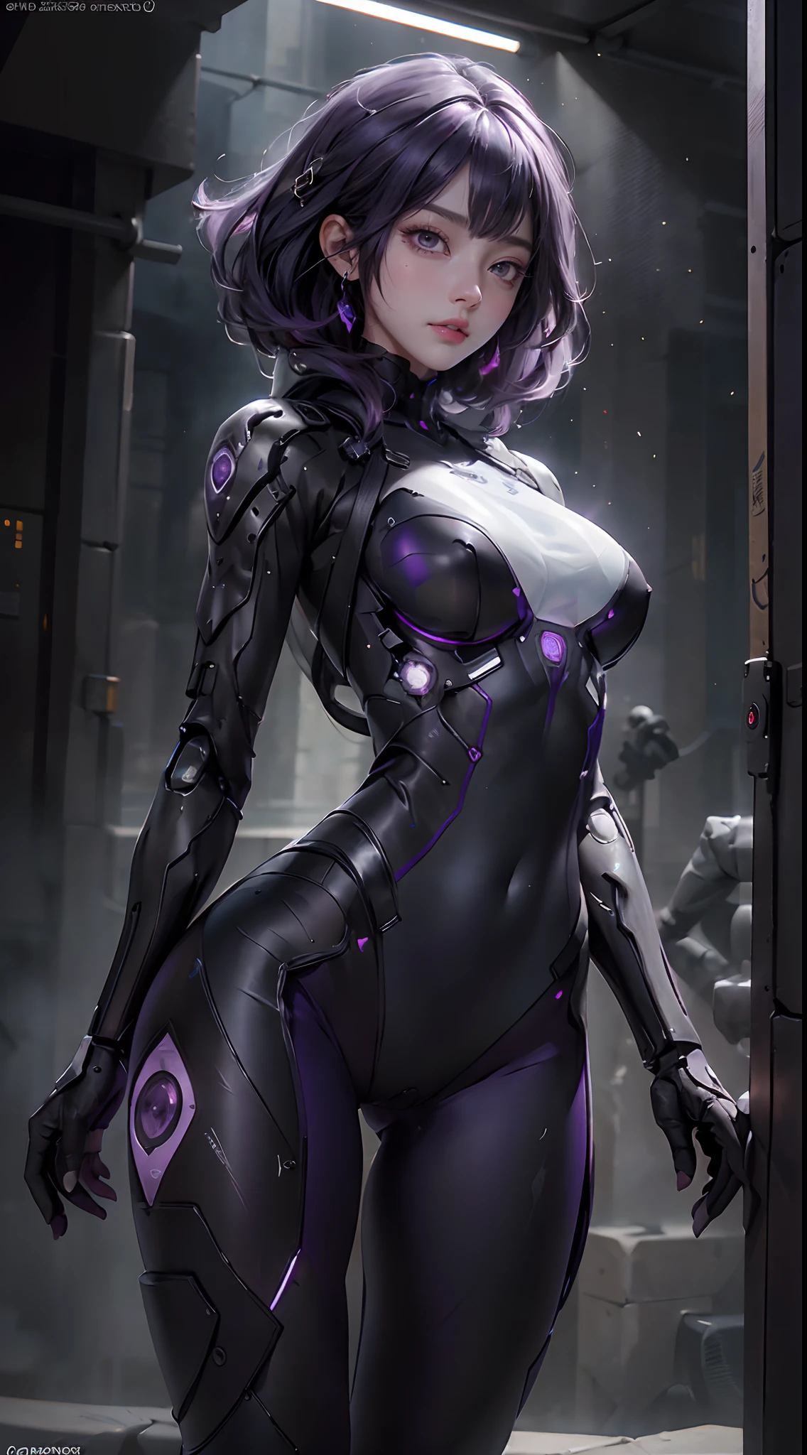 rear view, backside view,((of the highest quality)), ((obra maestra)), (detalle:1.4), (((Translucent black material with mechanical parts and transparent skin and posing back beautiful woman in cybernetic suit made of gray carbon material))), (((Pale brightness with LEDs))), ((pecho abierto)), Piel de las caderas y los muslos, Teletipo (High Dymanic Range), Trazado de rayos, NVIDIA RTX, Super resolution, PBR subsurface textured dispersion, Post-procesamiento, Anisotropy Filtering, Profundidad de campos, Sombreado de superficies, Accurate light simulation/Interacciones materiales, proporciones perfectas, two-color illumination, amplia apertura, ISO bajo, balance de blancos, 8k, (((Cameltoe))), NSFW, (((mujer alta))), 25 year old woman, Cyber helmet with dull and bright LEDs, hasta la rodilla, protuberancia, puffy nipple, ((Cyber hood with dull and bright LEDs)), Postura abierta, Disparo de vaquero, Piel de las caderas y los muslos, hermoso cuerpo, Ombligo visible en la piel desnuda, Pecho para sentir la gravedad, (pechos enormes: 1.3), (trasero gigantesco: 1.0), Espacio sencillo y minimalista, Poses sexys naturales, Mirando hacia abajo, Pelo sobre un ojo, (((hermoso cabello muy largo))), (((purple hair))), (((Independencia del color del cabello))),motor irreal:1.4,UHD,La mejor calidad:1.4, fotorrealista:1.4, textura de la piel:1.4, obra maestra:1.8,