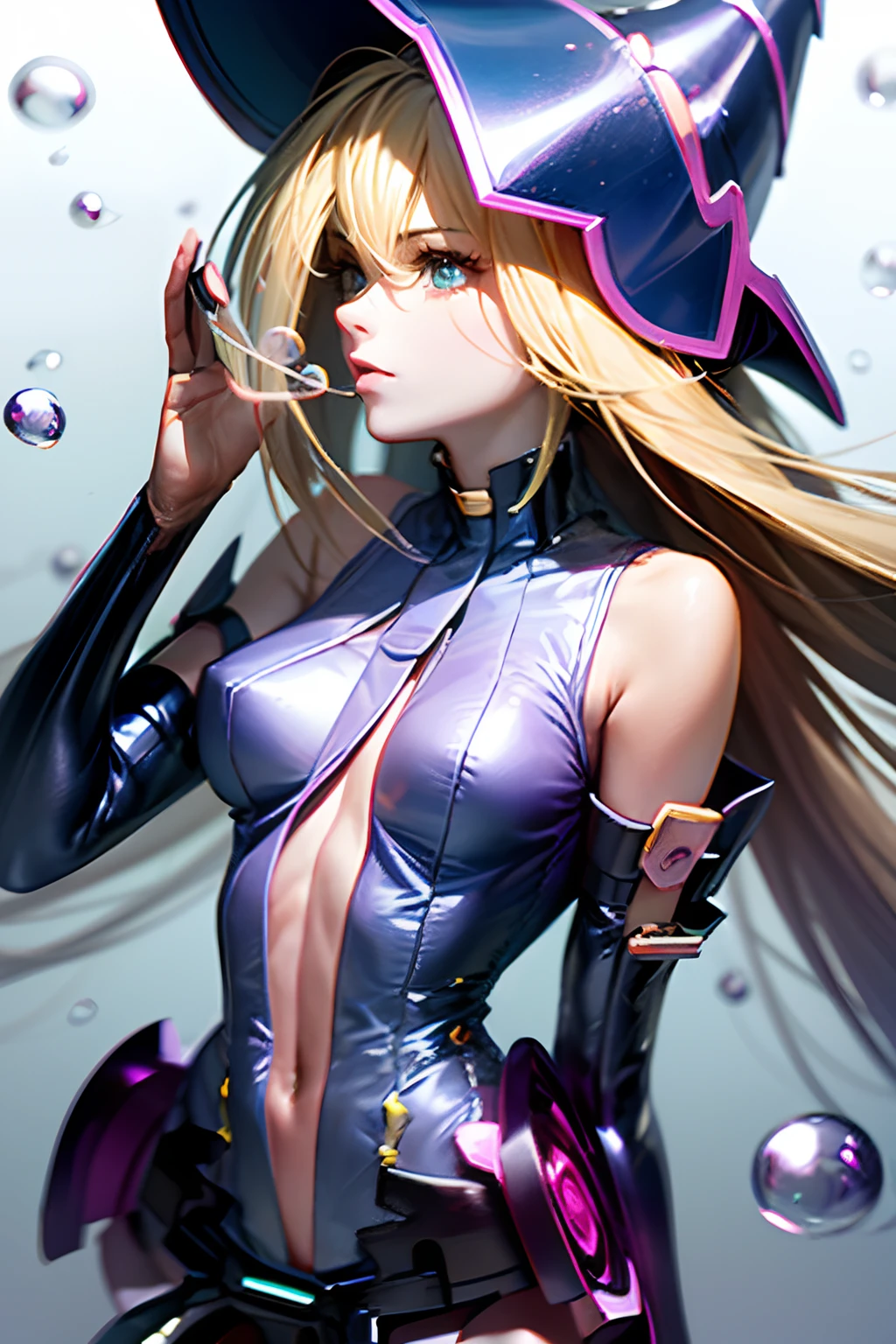 Dark magician gils. De costado. Lanza un beso son sus manos al costado. Bubble heart background around it