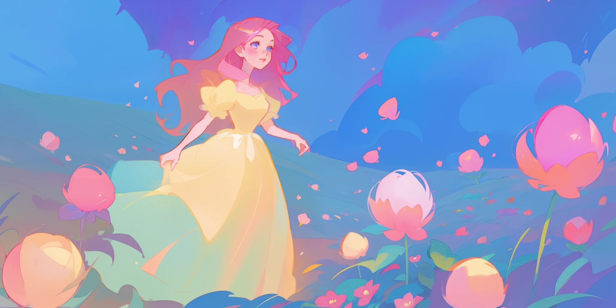 beautiful girl in puffy glowing ballgown, a field with round puffball pink flowers, otherworldly flowers, whimsical landscape, long pink flowing hair, watercolor illustration, inspired by Glen Keane, inspired by Lois van Baarle, disney art style, by Lois van Baarle, by Glen Keane, jen bartel, digital painting, beautiful digital illustration, fantasia otherworldly landscape plants flowers, beautiful, masterpiece, best quality, anime disney style, Glen Keane, jen bartel, (((beautiful girl))), golden ratio, perfection composition