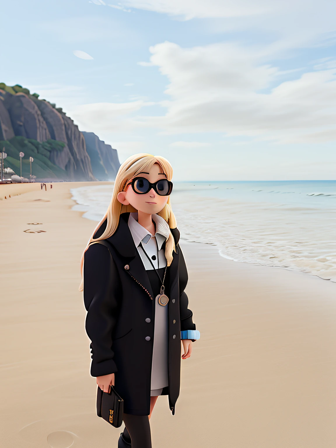 blonde girl in black sunglasses and black coat on the beach in PIXAR style