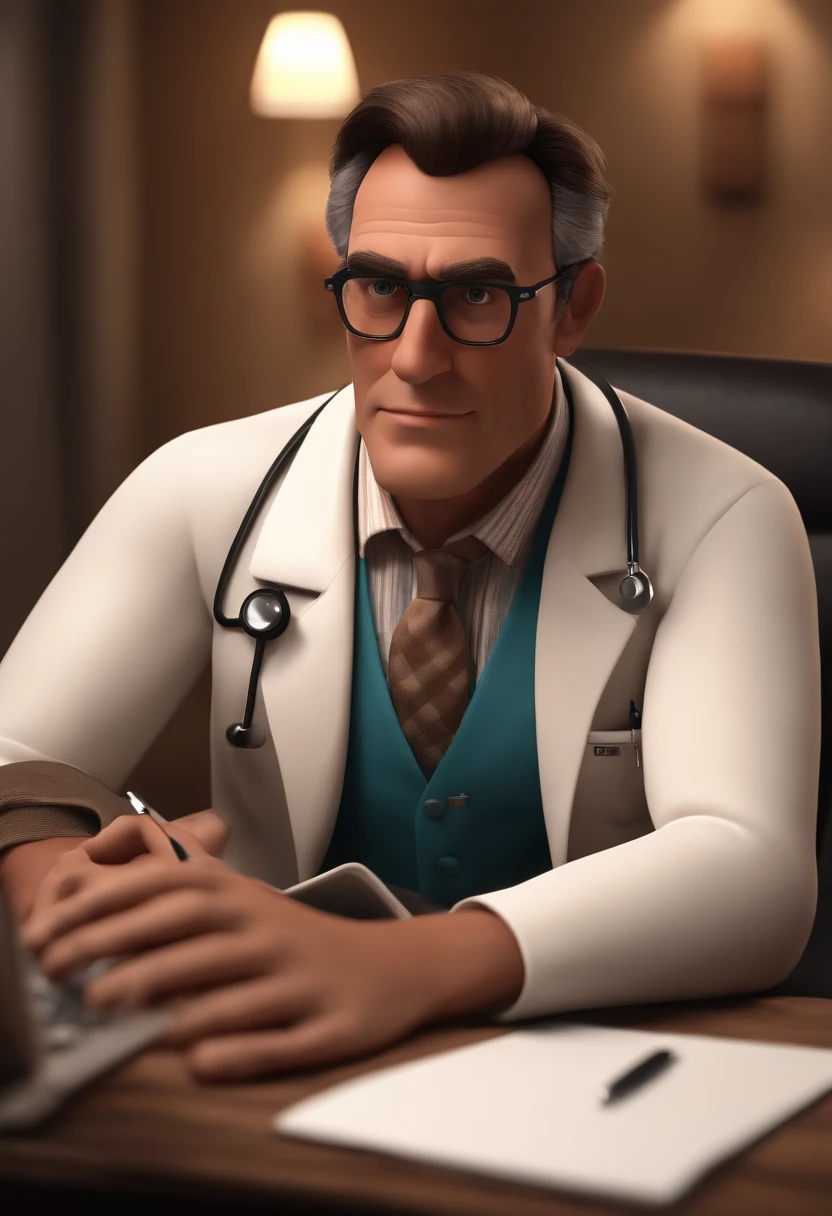 Create an image of a 46-year-old doctor, sorrindo, usando oculos retangular, sendo musculoso. In the image, the doctor is sitting at a table with an open laptop, precisa ser pixar- disney 3 d. Caractere estilizado, animation style rendering, 3D estilizado, Arnold Maya render, 3 d render stylized, toon render keyshot, Personagem 3D, Personagem 3D, 3d rendering stylized, 3 d character render, personagem de desenho animado, Personagem de close up, Pose de personagem, (Estilo Pixar) (master part:1.2) (Bokeh) (best quality) (pele detalhada) (textura detalhada) (8k) (argila) (Cinematic lighting) (foco nítido