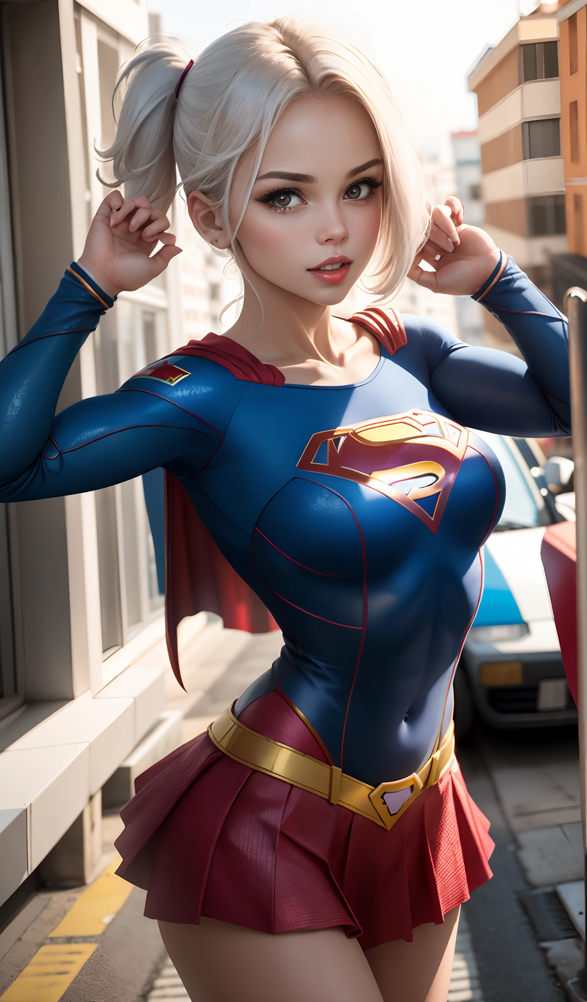4k, realista, charismatic, muito detalhe, There's a girl at the top of town, vestindo o figurino da Supergirl, She's a super girl, white superhero theme, cabelo longo loiro, 25 anos, corpo inteiro, super girl pose sensual sexy