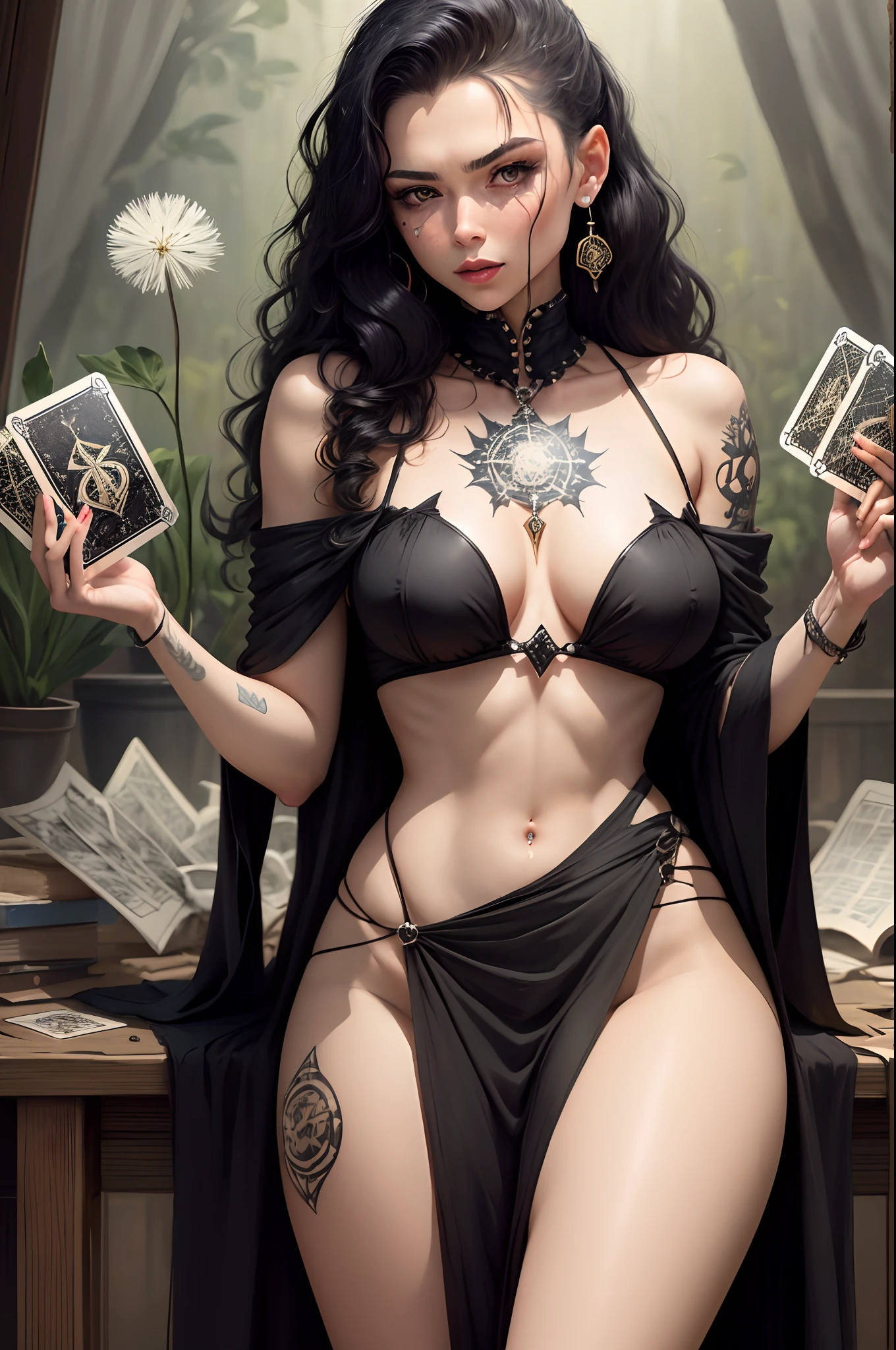 Bruxa moderna, loira, baixinha, gordinha, sexy, With tarot cards in hand and dandelion tattoo on right shoulder