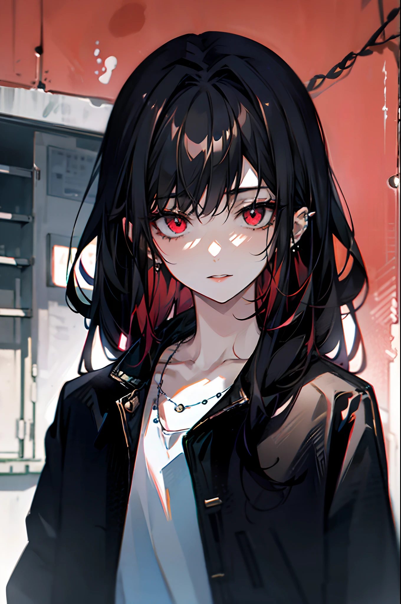 1girll, (close-up face, tmasterpiece, best qualtiy:1.2), 8k,(1girll, Upper body:1.7), Masterpiece, Best quality, 8K, absurderes, Beautiful face, flight jaket, Perspective, Depth of field, From below, metal signs, Buildings, Damaged wall paint, dirty and cracked concrete wall, cable wires, Dusty, Road, Slender, hdr, (bleach bypass, ginnokoshi:0.8), facelight, Cinematic lighting, Professional lighting, High contrast, Sharp focus, A high resolution, Photography, Hyperrealistic, Ultra detailed, sharp detailed, finedetail,offcial art, hoang lap, gotik, Studded leather jacket and necklace, pierced earrings, (smokey red eye shadow with glitter, Glazed pink red lip:0.9), Very dark red background, HDR, Face light, hyper realisitc, A high resolution, photography of, filmgrain, color difference, Sharp focus, HDR, Face light source, 动态照明, cinmatic lighting, Professional shadows, dark shadow, highest details,extremy detailed,hyper-detailing,finedetail,realskin,exquisitefacialfeatures,detailed faces and eyes,Sharp pupils,realistic pupil,(brunette color hair:1.4)