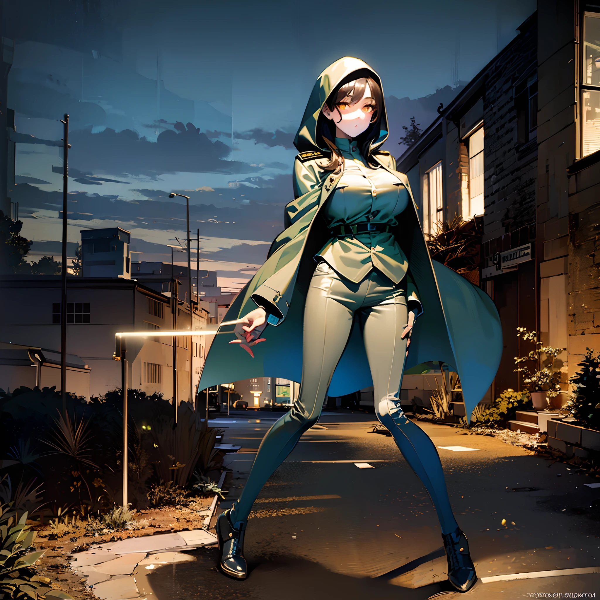 (solo cute girl standing at ruin:1.3), (:1.4), (light brown hair:1.2), BREAK, (very long legs), (thin legs), very short torso, BREAK, (open legs:1.2), tiptoe, pigeon toed, BREAK, (large breasts:1.2), perky breasts, thin waist, BREAK, (dark brown military uniform:1.3), (hood:1.2), trousers, BREAK, nose blush, looking at viewer, BREAK, (glowing golden eyes:1.5), BREAK, (masterpiece, best quality, ultra-detailed, beautiful detailed face:1.5)
