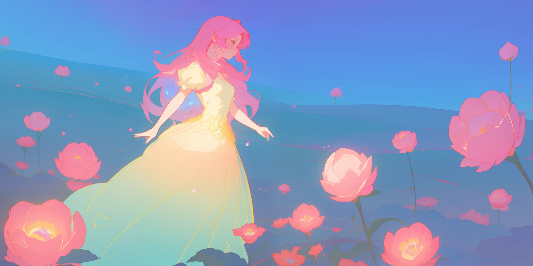 beautiful girl in puffy glowing ballgown, a field with round puffball pink flowers, otherworldly flowers, whimsical landscape, long pink flowing hair, watercolor illustration, inspired by Glen Keane, inspired by Lois van Baarle, disney art style, by Lois van Baarle, by Glen Keane, jen bartel, digital painting, beautiful digital illustration, fantasia otherworldly landscape plants flowers, beautiful, masterpiece, best quality, anime disney style, Glen Keane, jen bartel, (((beautiful girl))), golden ratio, perfection composition