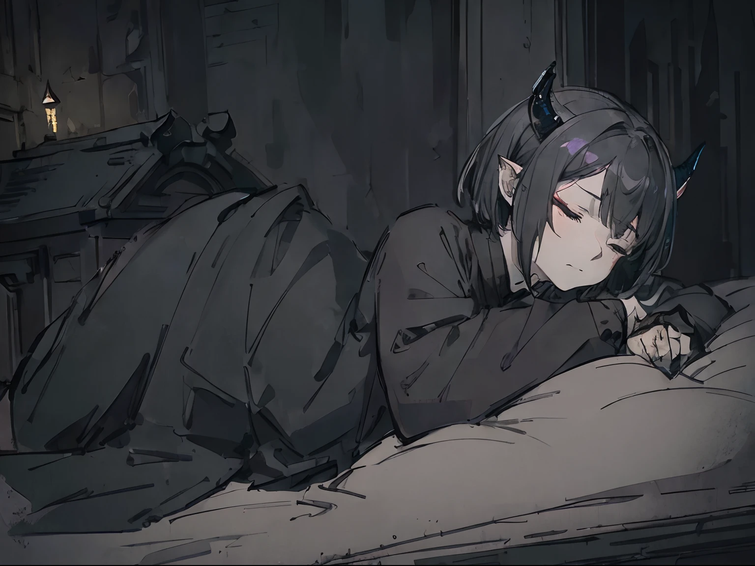 ((best quality, masterwork)) Gargoyle, humanoid, grey skin, grey tint, dark night, female, stone skin, black robes, short hair, gothic style, gothic house, large horns, cracks in skin, darkness, sleeping in bed, closed eyes