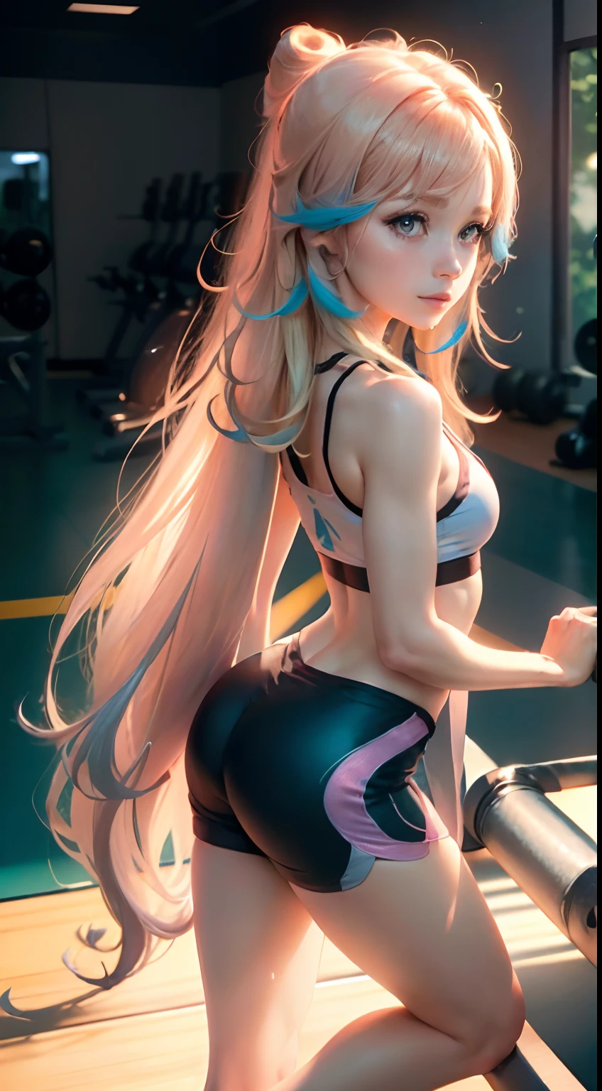 ((small Chest)), (((16 Years,)), ((Head Too Small)), Daylight, Sunlight, Bright Light, (Perfect Body: 1.1), (Full Body), (Long Straight Hair: 1.2, Blonde Hair, Pink and Blue Mesh Hair, Fine Mesh), Full Body Shot, ((Workout Tight Use), (Sweat), (Very Detailed CG 8k Wallpaper), (Extremely Delicate and Beautiful), (Masterpiece), (Best Quality:1.0), (超A High Resolution:1.0),   (realisitic), beautiful lightning ,perfect lightning, realistic shadows, [high resolution], detailed skin, ultra detailed, slim body), (beautiful hair, straight hair, real hair, Detailed hair), thin clavicle, beautiful breasts, blush, photorealistic, realistic face, beautiful face, beautiful eyes, small eyes, beautiful smile, (((colorful))), (eyeliner), (eyeshadow), (in the gym), Looking back, Big hip, (child's face),